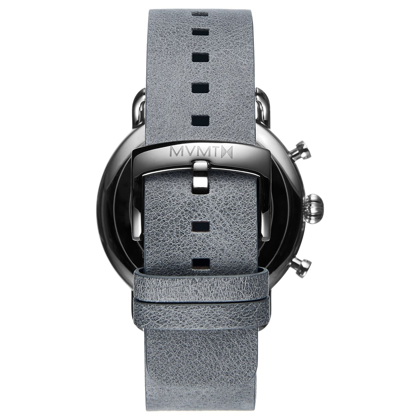 The MVMT Blacktop Grey Men's watch has a leather strap, stainless steel case, and "MVMT" buckle, inspired by vintage cars.