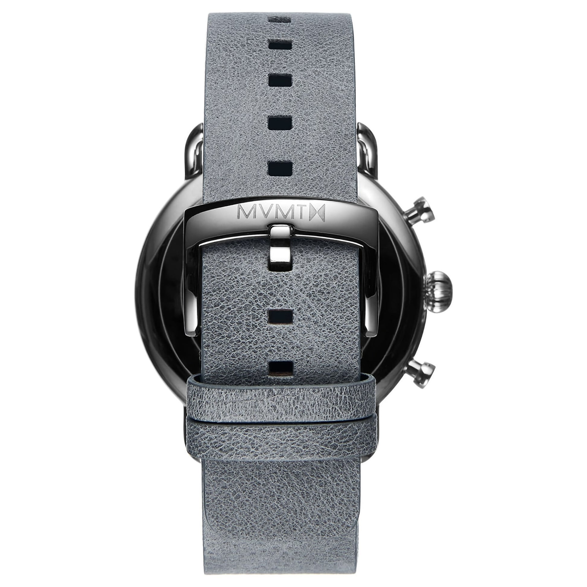 The MVMT Blacktop Grey Men's watch has a leather strap, stainless steel case, and "MVMT" buckle, inspired by vintage cars.