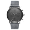MVMT Blacktop Grey Men's watch with silver markers, stainless steel case, and a textured gray leather strap.