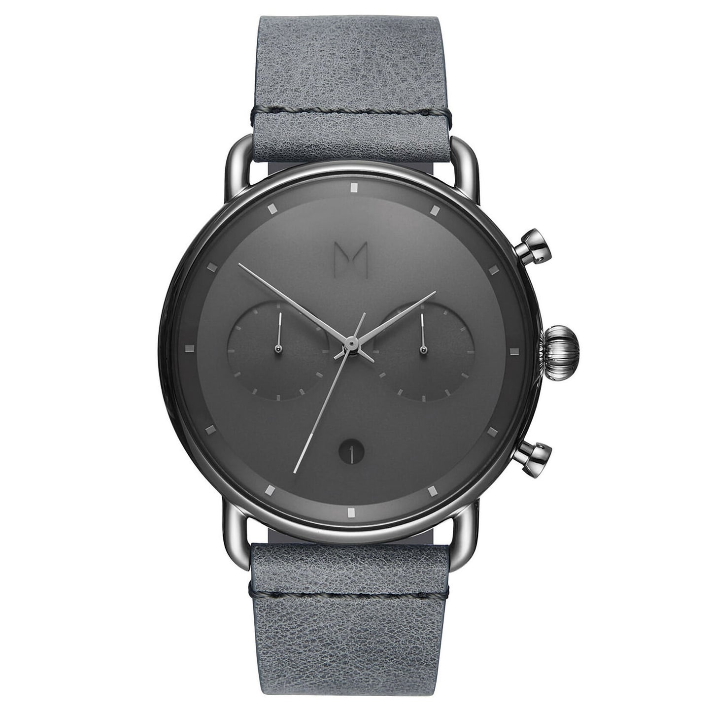 MVMT Blacktop Grey Men's watch with silver markers, stainless steel case, and a textured gray leather strap.