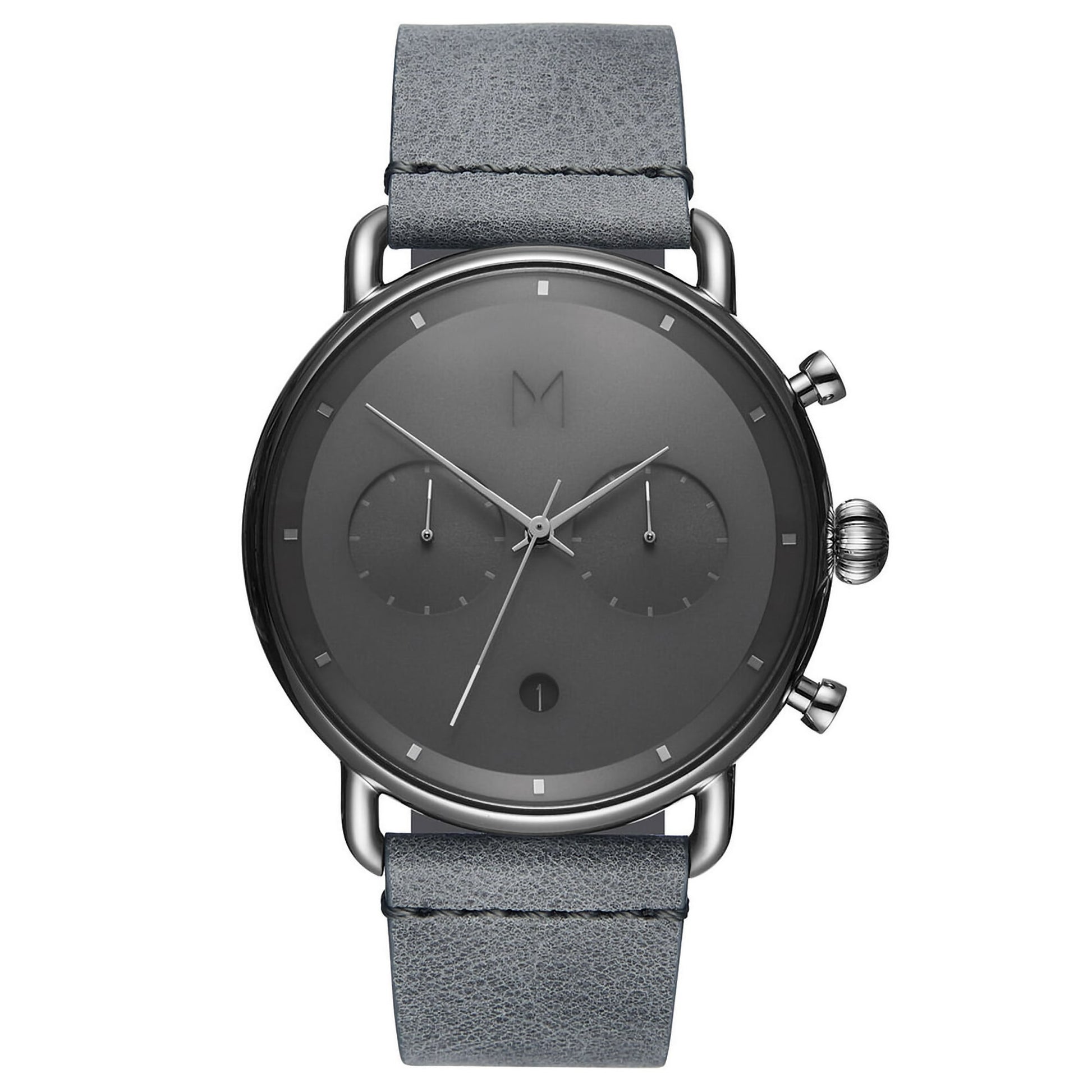 MVMT Blacktop Grey Men's watch with silver markers, stainless steel case, and a textured gray leather strap.