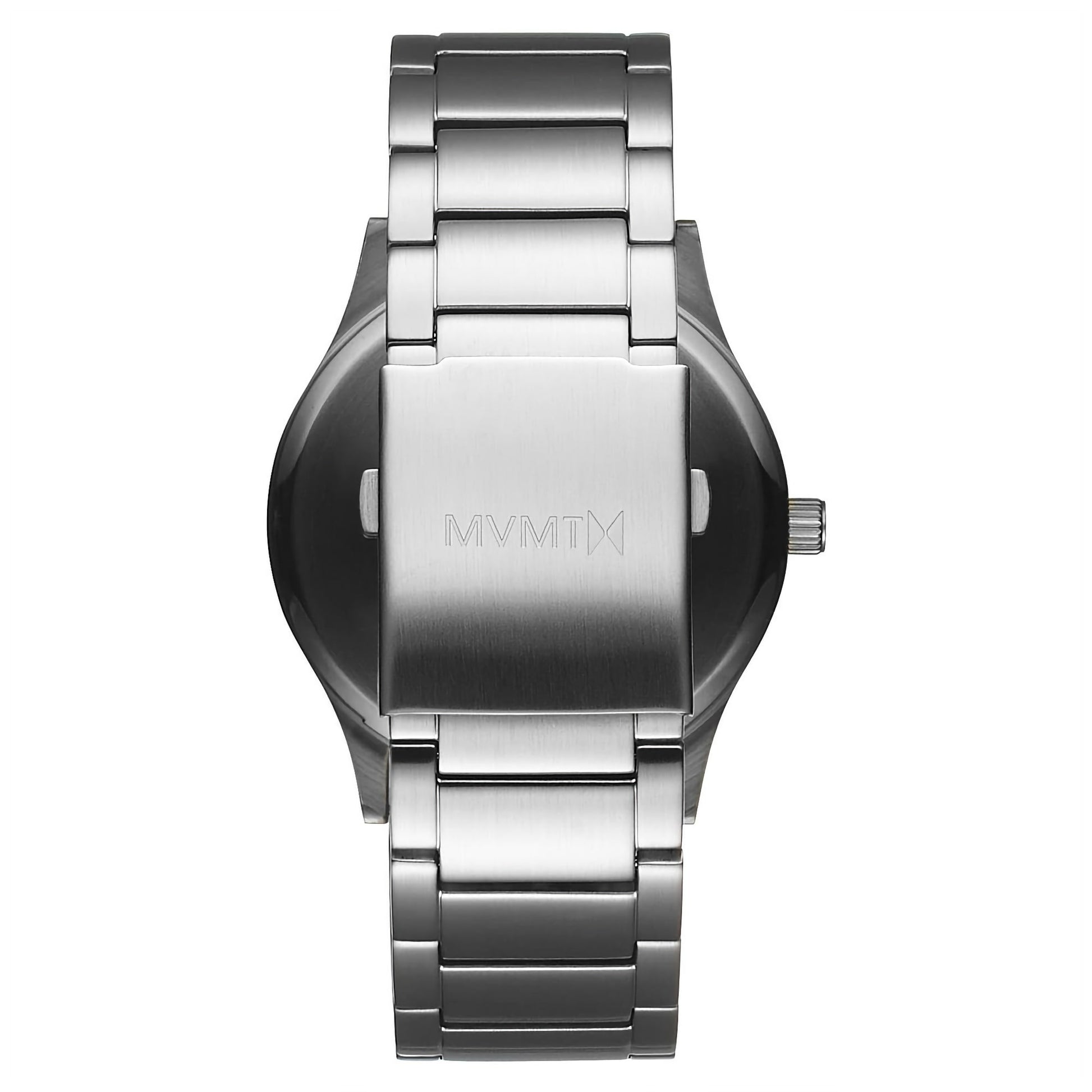 Silver MVMT men's watch with link bracelet, featuring engraved "MVMT Classic White Silver" logo on the back.
