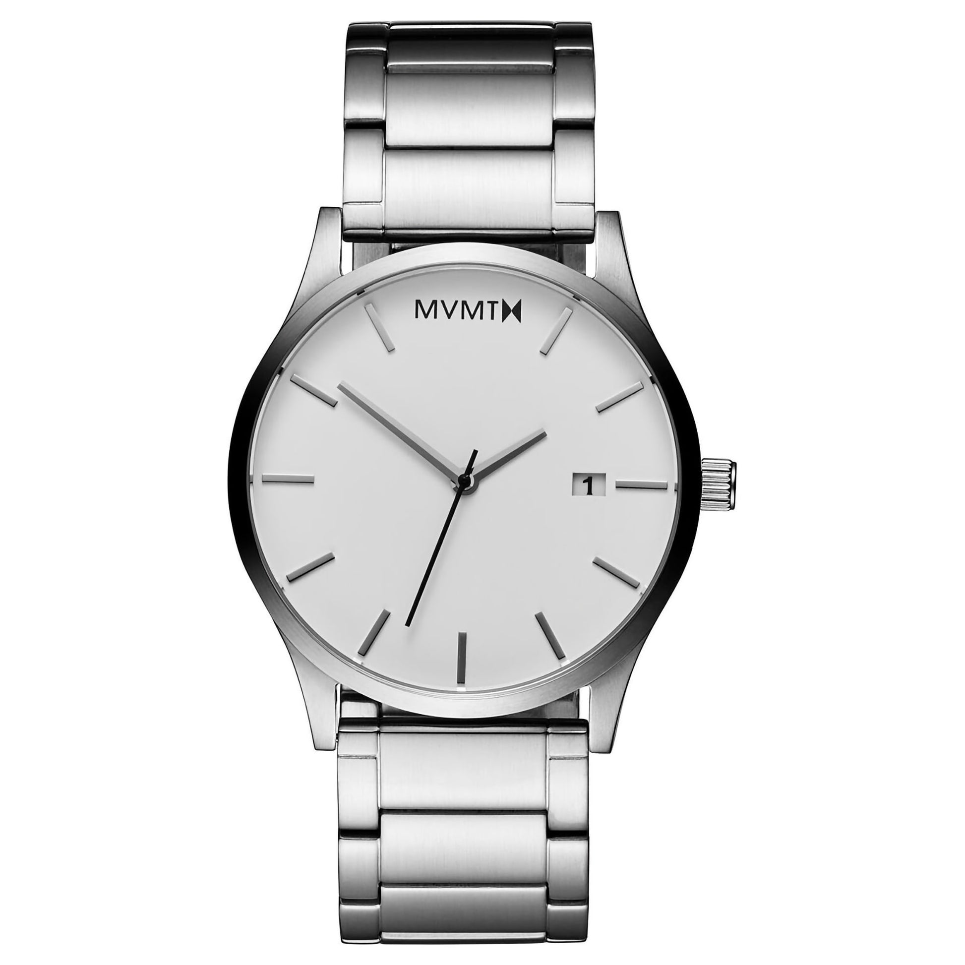 MVMT Classic White Silver Men's Watch: Minimalist design, silver hour markers, metal link band.