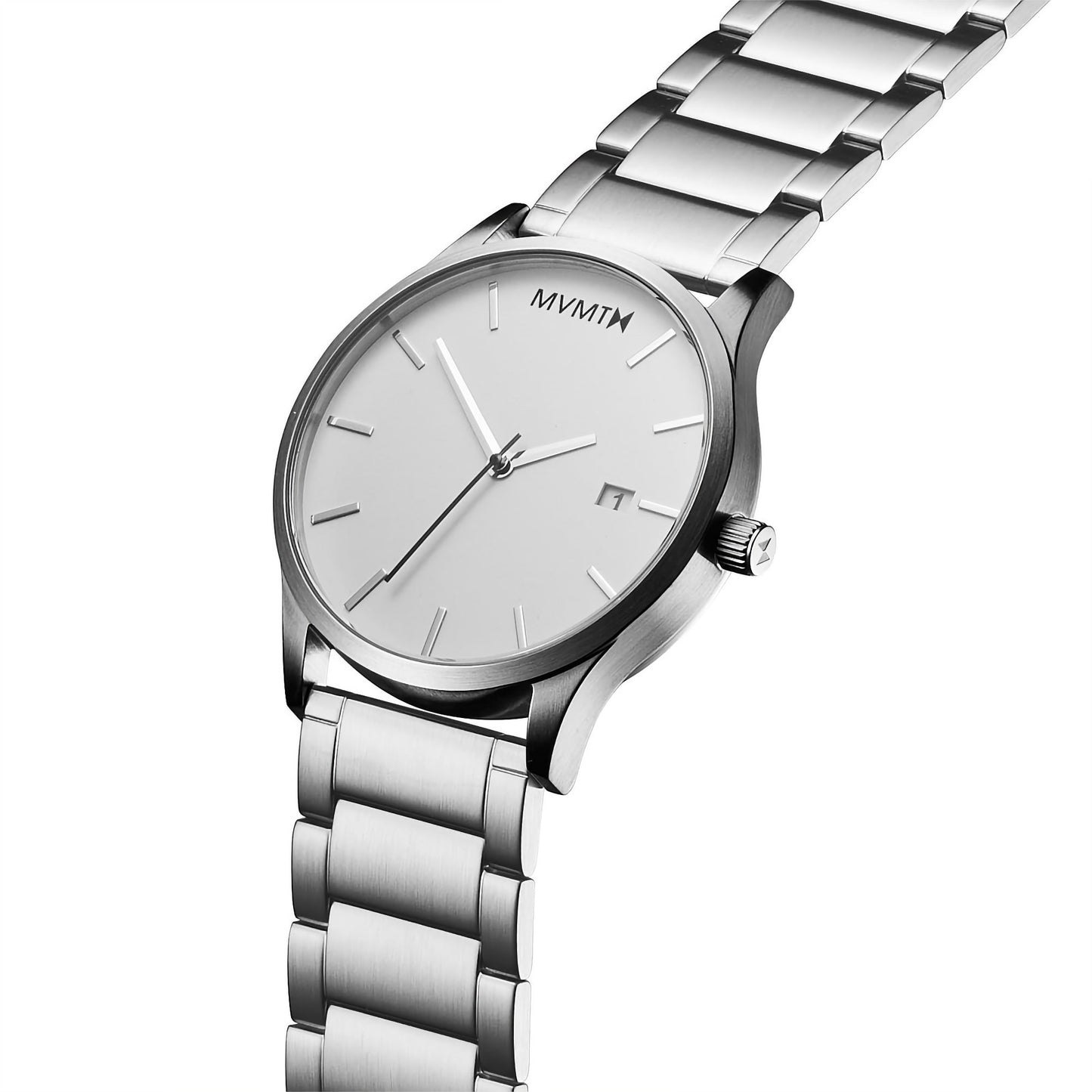 MVMT men's watch Classic White Silver with a minimalist design, white face, and metal link bracelet.