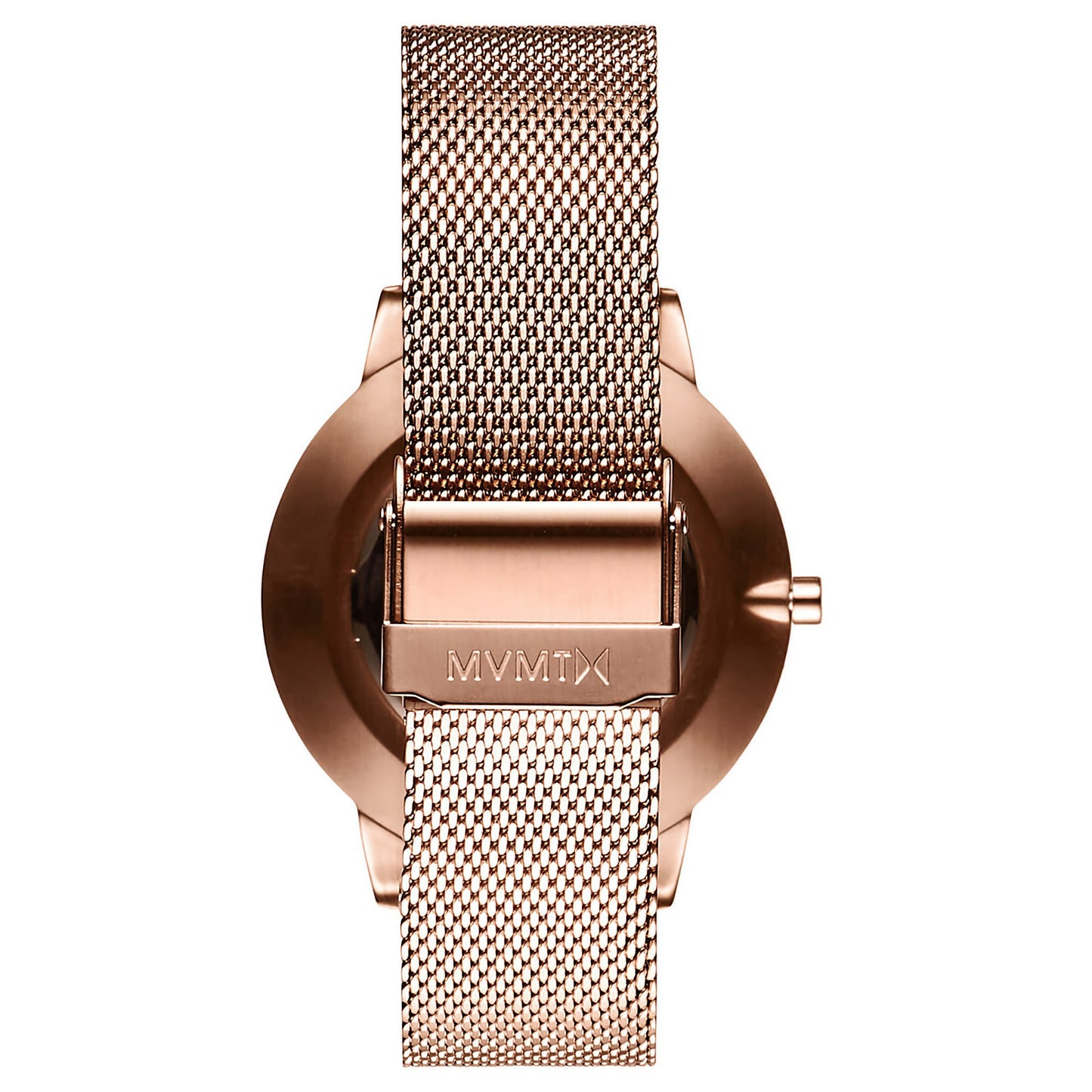 Back view of MVMT Boulevard Malibu Rose watch, minimalist with mesh strap and "MVMT" engraved on the clasp.
