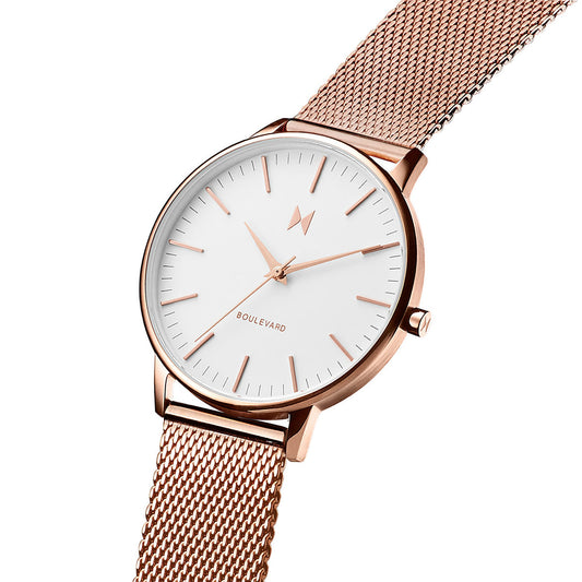 MVMT Boulevard Malibu Rose White Dial Ladies Watch: Japanese quartz, minimalist design, mesh strap.