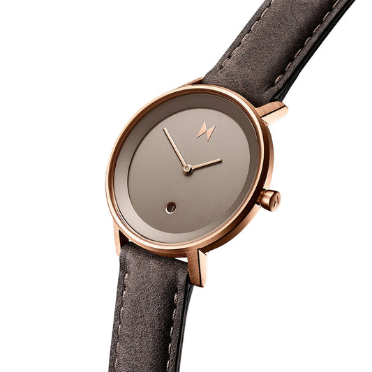 MVMT's Signature II Ashen Taupe Ladies watch: Minimalist rose gold case, taupe dial, brown leather strap on white backdrop.
