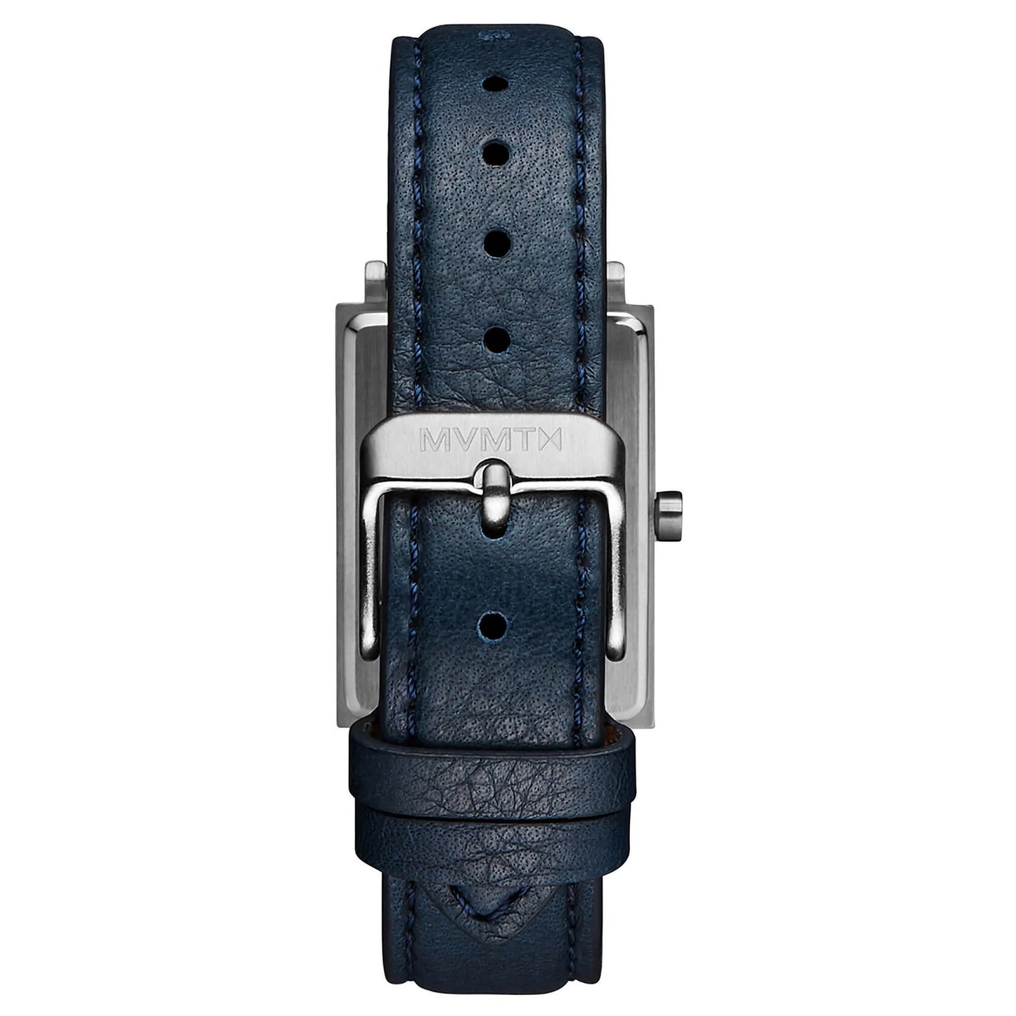 A navy leather strap with a silver buckle showcases the back of the MVMT Signature Square Aubrey Ladies watch.