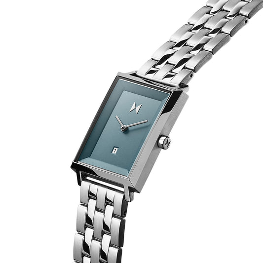 The MVMT Signature Square watch for ladies has a Skylar Blue face, Japanese quartz movement, and a date display.