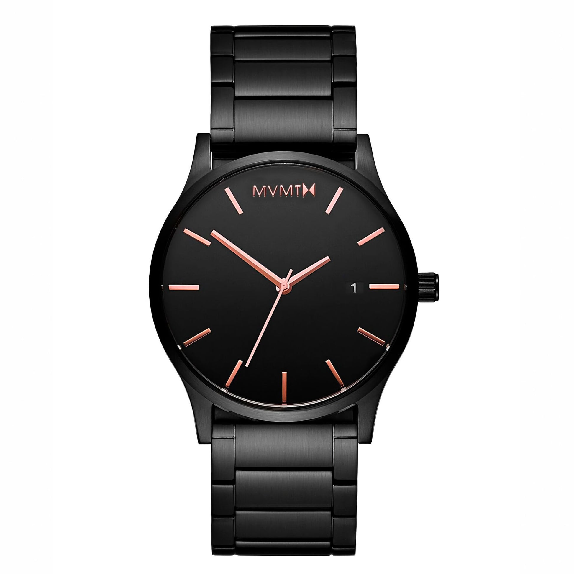 MVMT Classic Black Date Men's Watch: Sleek design with Japanese quartz, black dial, and rose gold hands.