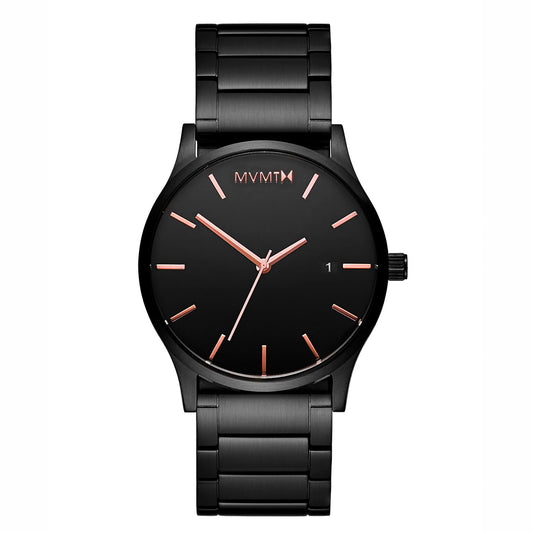 MVMT Classic Black Date Men's Watch: Sleek design with Japanese quartz, black dial, and rose gold hands.