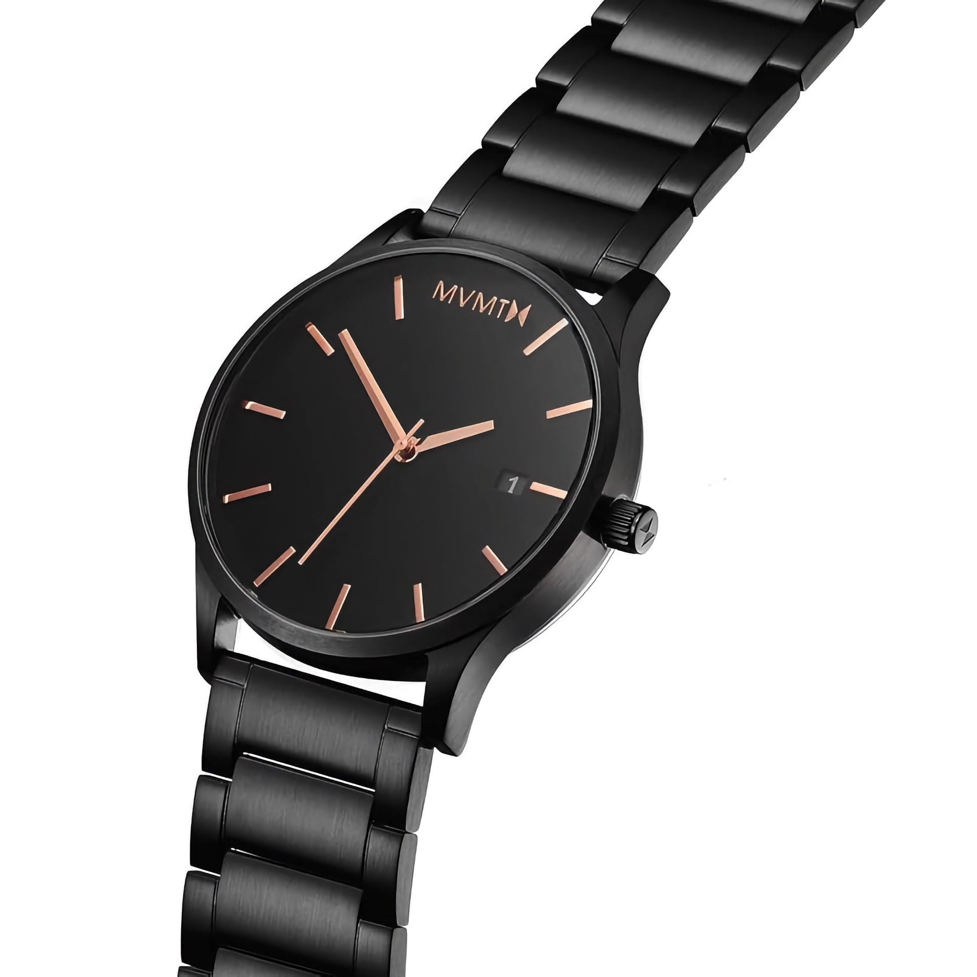 MVMT Classic Black Date Men's Watch with Japanese quartz movement, gold hour markers, and sleek black metal strap.