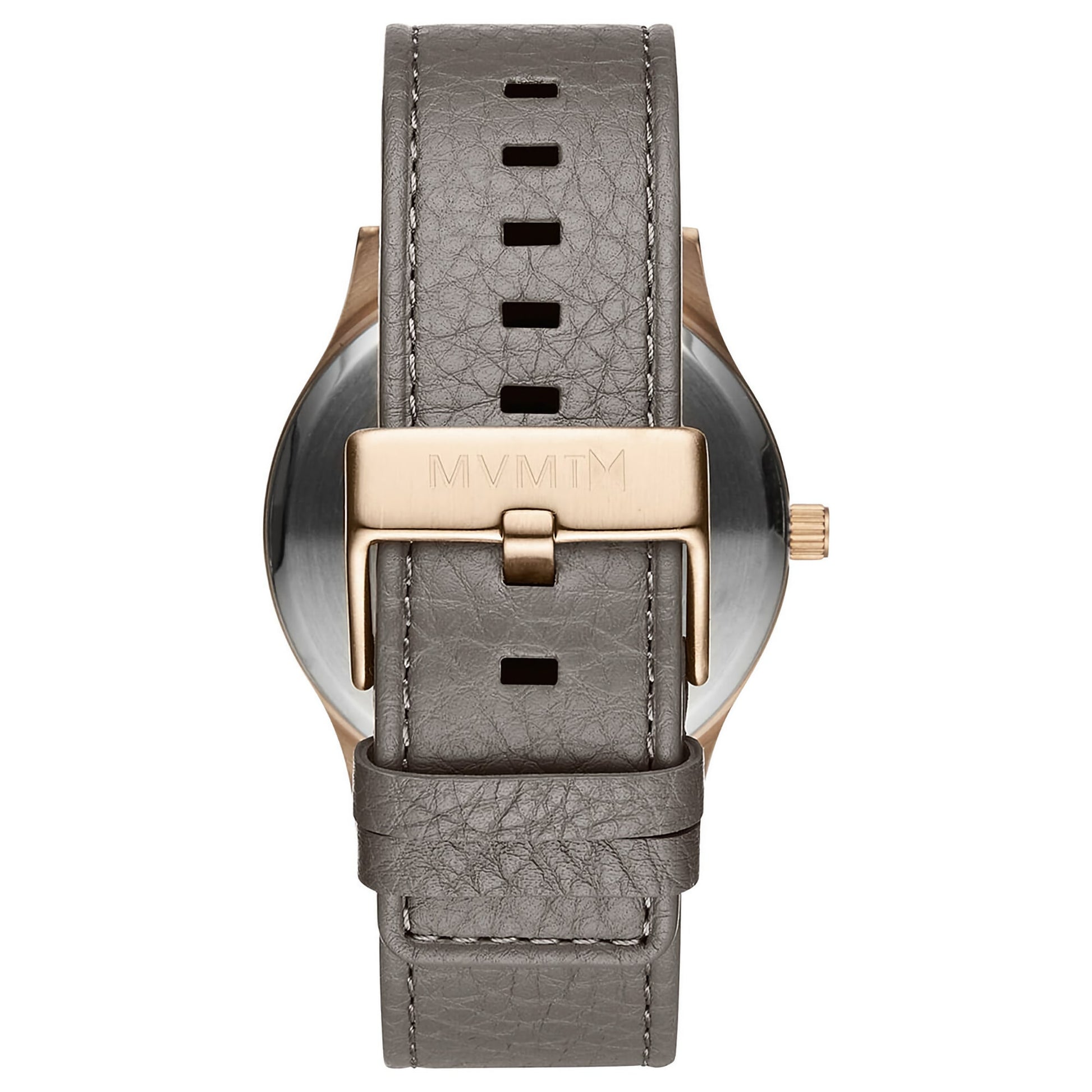 MVMT Classic Bronze Age Men's watch: sage grey leather strap, gold buckle; Nordic design with round face and MVMT logo.