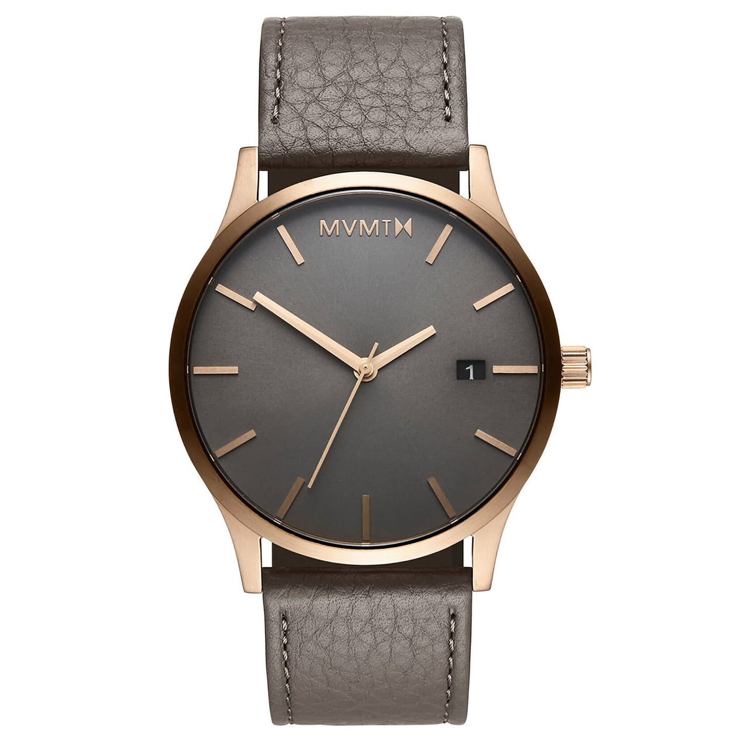 MVMT Classic Bronze Age Men's Watch features a gray dial, gold markers, and a gray leather strap.