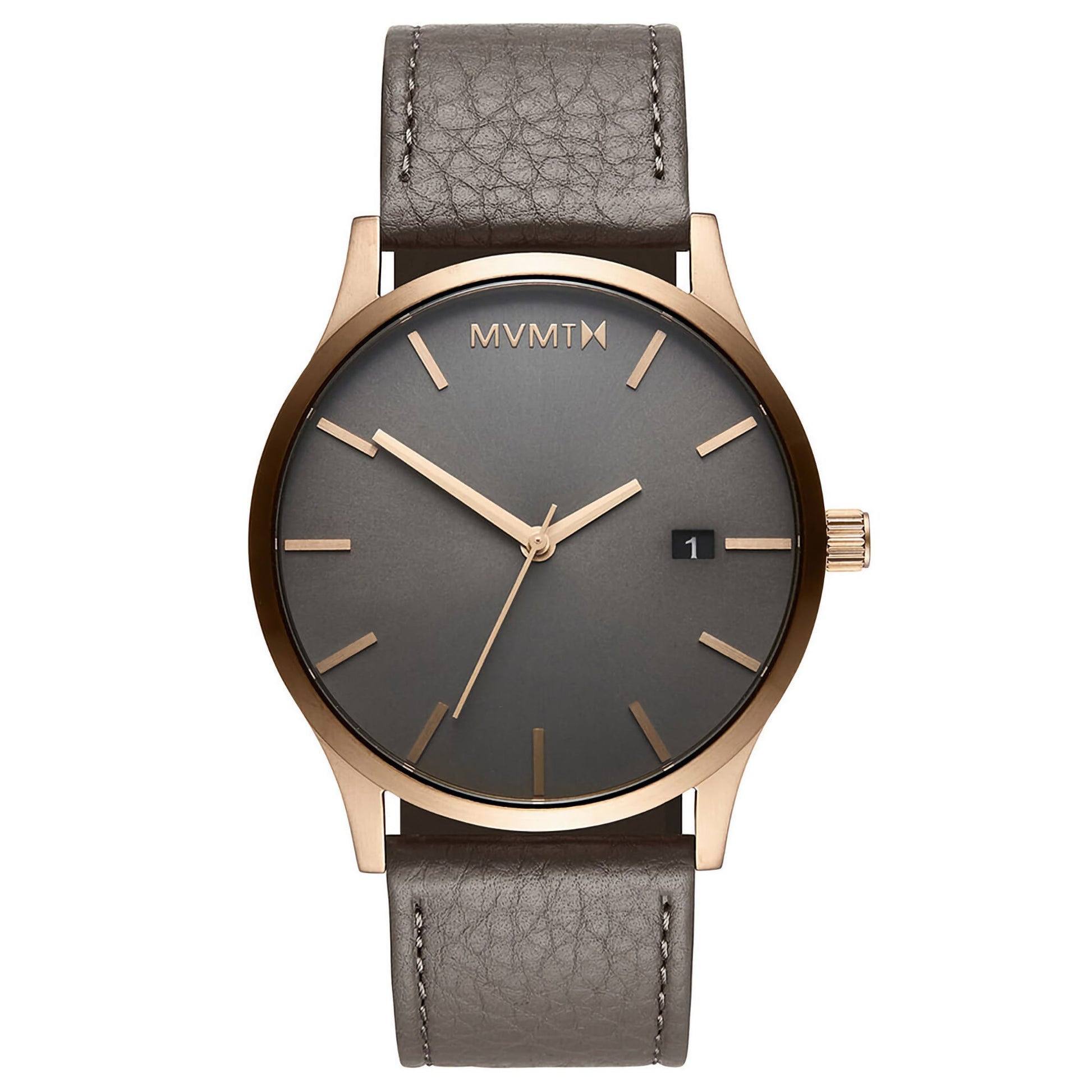MVMT Classic Bronze Age Men's Watch features a gray dial, gold markers, and a gray leather strap.