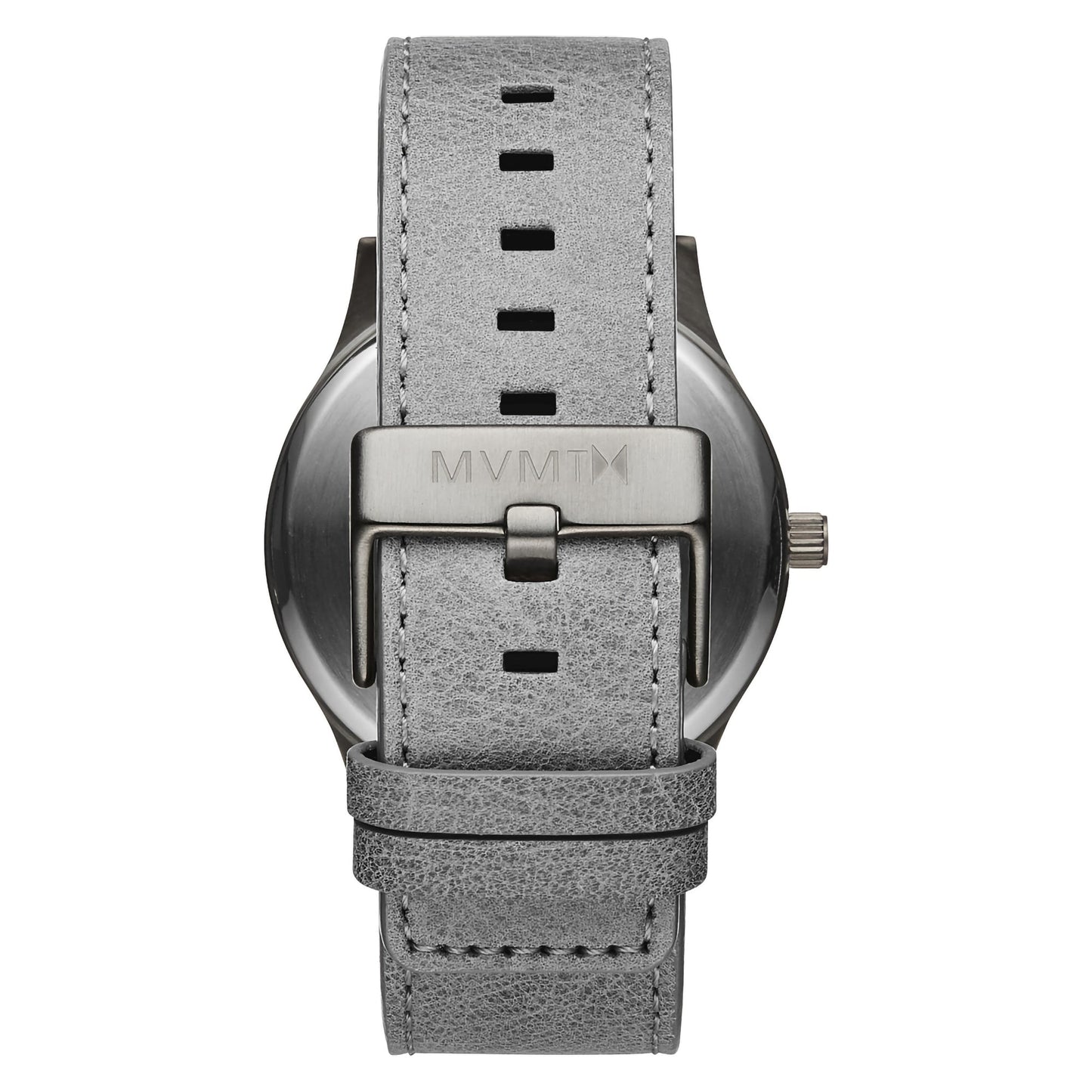 Gray leather band with Japanese quartz; steel clasp engraved "MVMT." MVMT Classic Monochrome watch face not visible.
