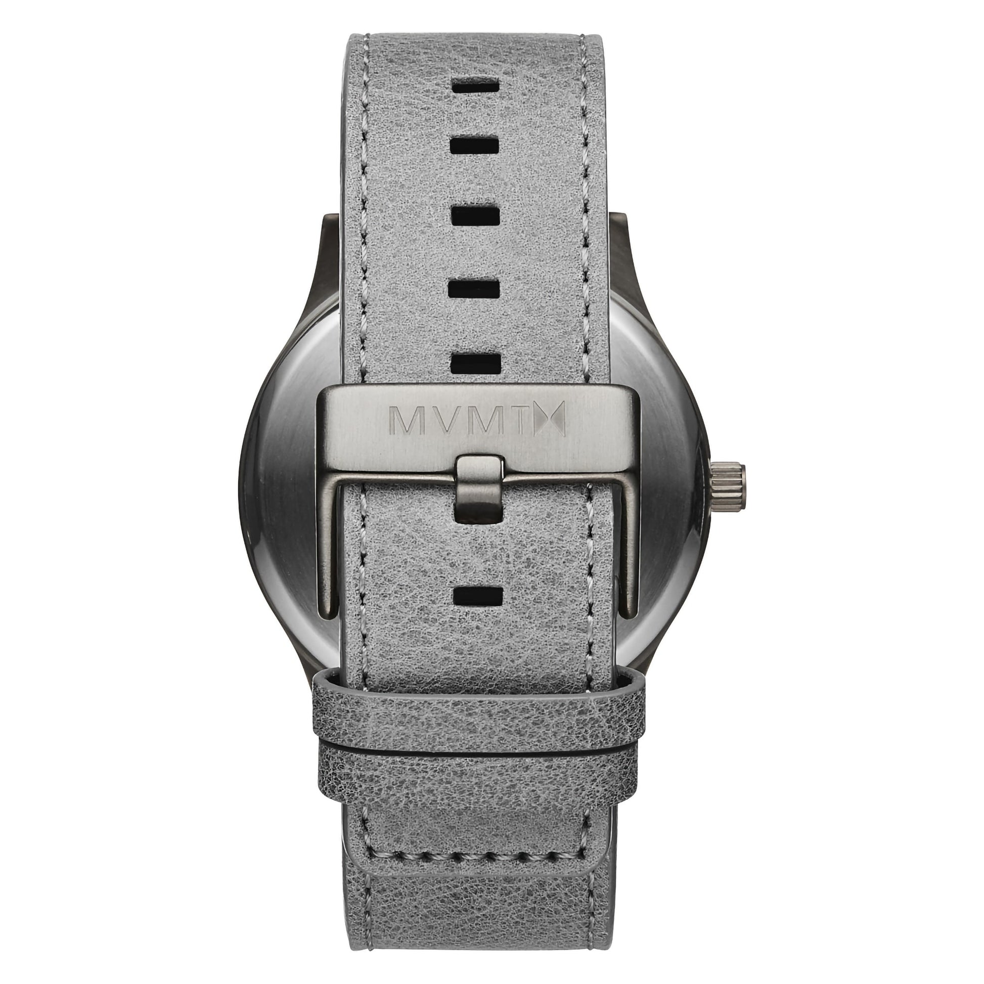 Gray leather band with Japanese quartz; steel clasp engraved "MVMT." MVMT Classic Monochrome watch face not visible.