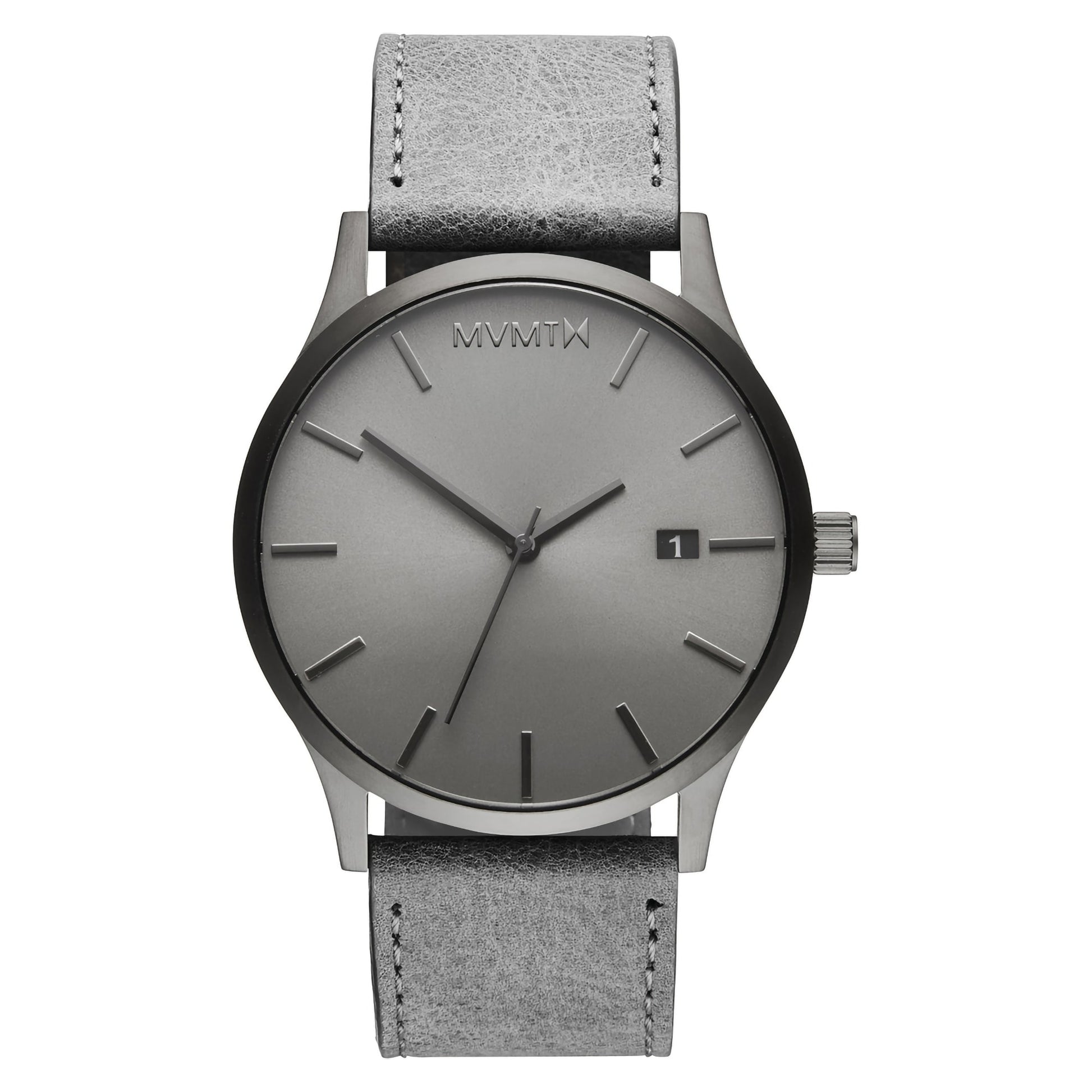 MVMT Classic Monochrome watch: minimalist gray, leather strap, date feature, and Japanese quartz movement.