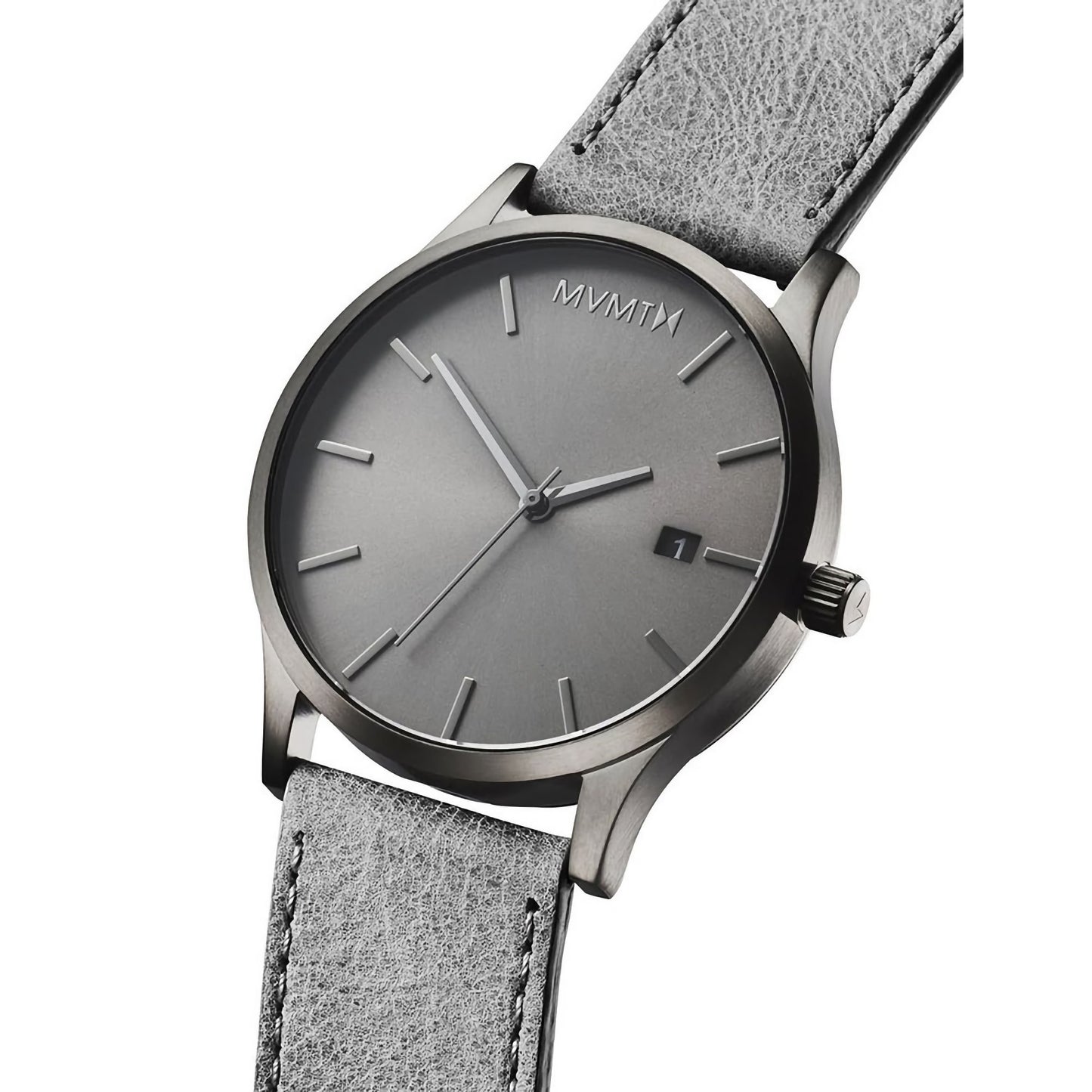 MVMT Classic Monochrome men's watch with gray leather strap, minimal design, Japanese quartz, and a date window.