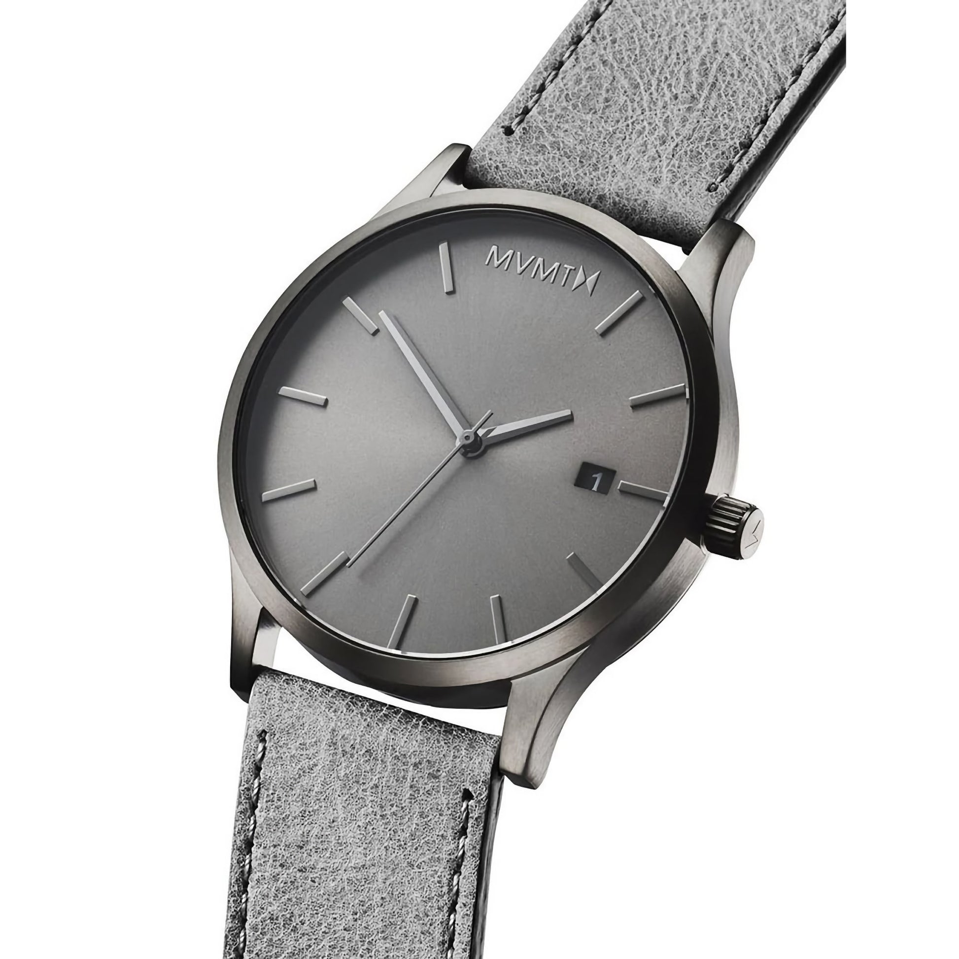 MVMT Classic Monochrome men's watch with gray leather strap, minimal design, Japanese quartz, and a date window.