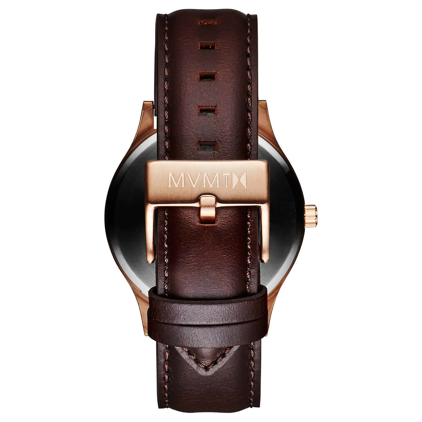 Back view of MVMT 40 Series Men's watch with brown leather strap and gold buckle showing "MVMT".