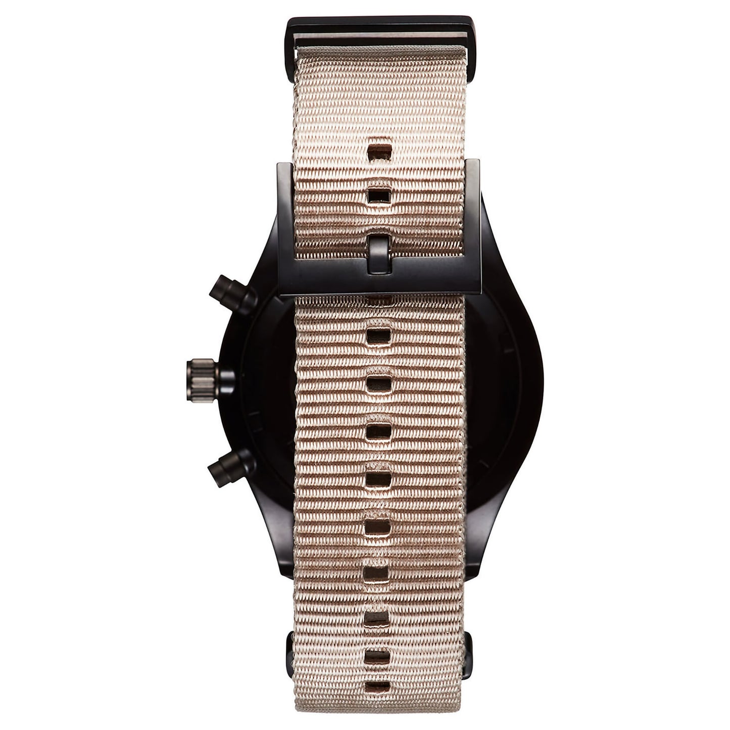 MVMT Voyager Desert Men's Watch with black case, beige nylon strap, and dual timezone feature.