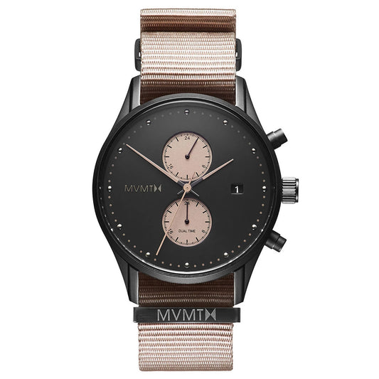 The MVMT Voyager Desert Men's watch features a black face, dual sub-dials, date display, and a beige nylon strap.