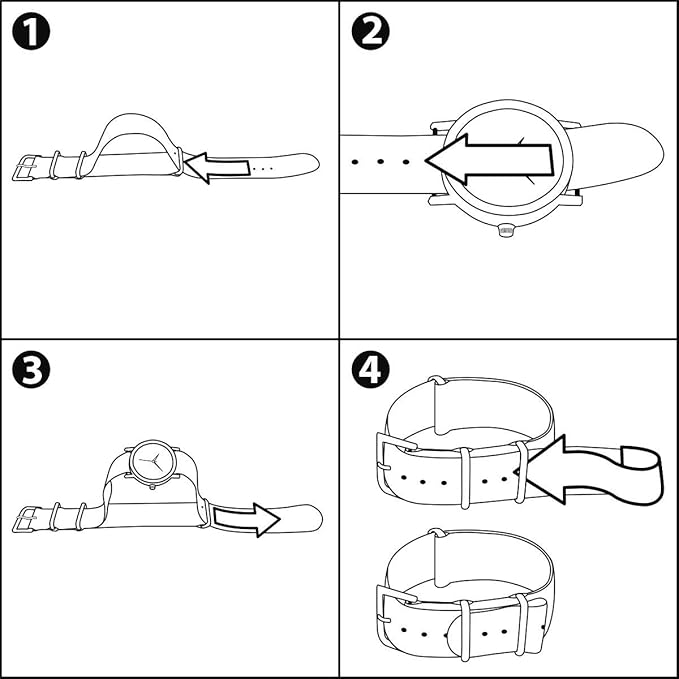The illustration demonstrates four steps to attach a watch to a strap using arrows for guidance, featuring the AVI-8 Genuine Leather NATO Strap.
