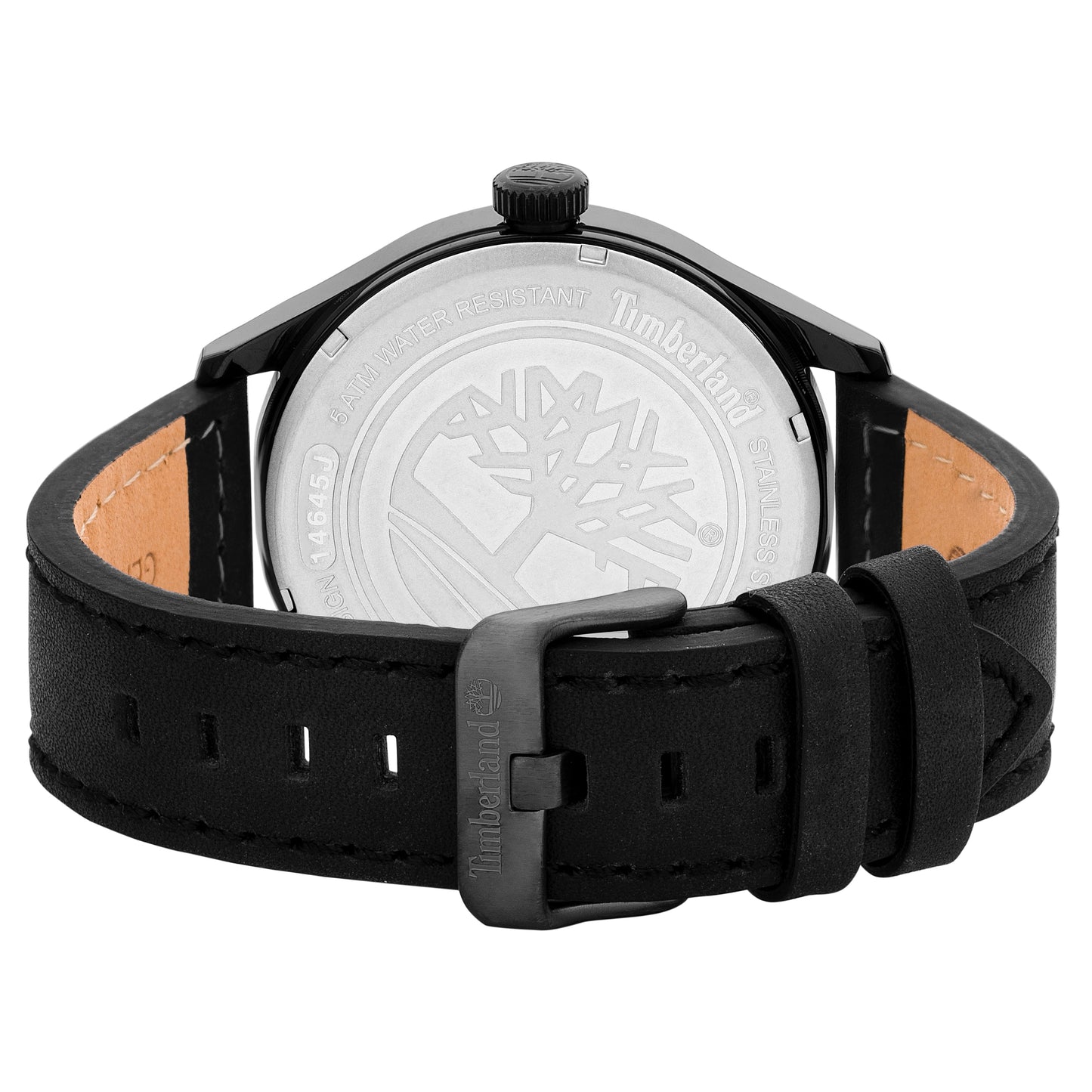 Back view of a Timberland Blake Blue Date men's watch with black leather strap and engraved metal case back.