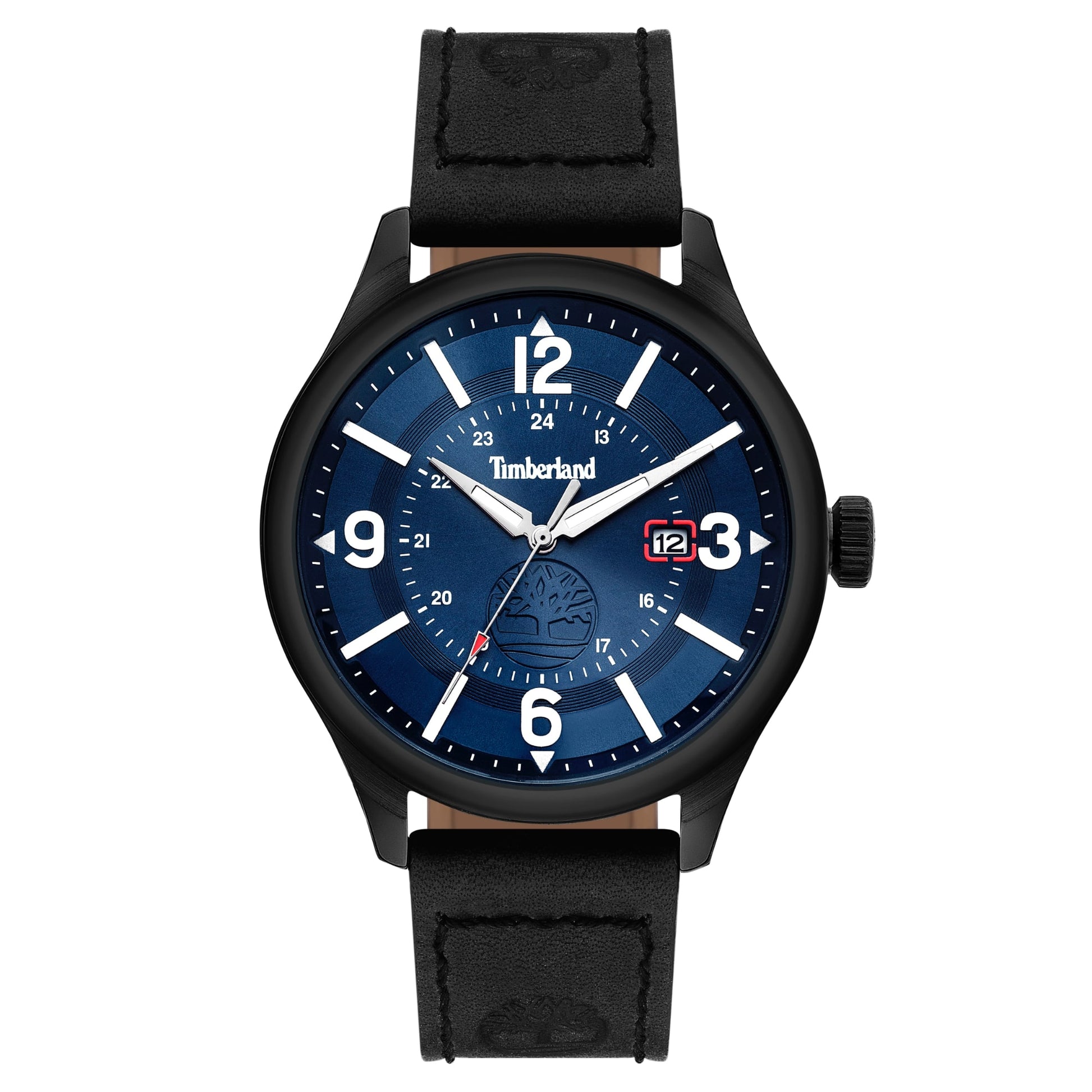 Timberland Blake Blue Date men's watch: black leather strap, blue dial, silver hands, and date display.