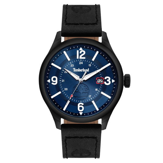 Timberland Blake Blue Date men's watch: black leather strap, blue dial, silver hands, and date display.