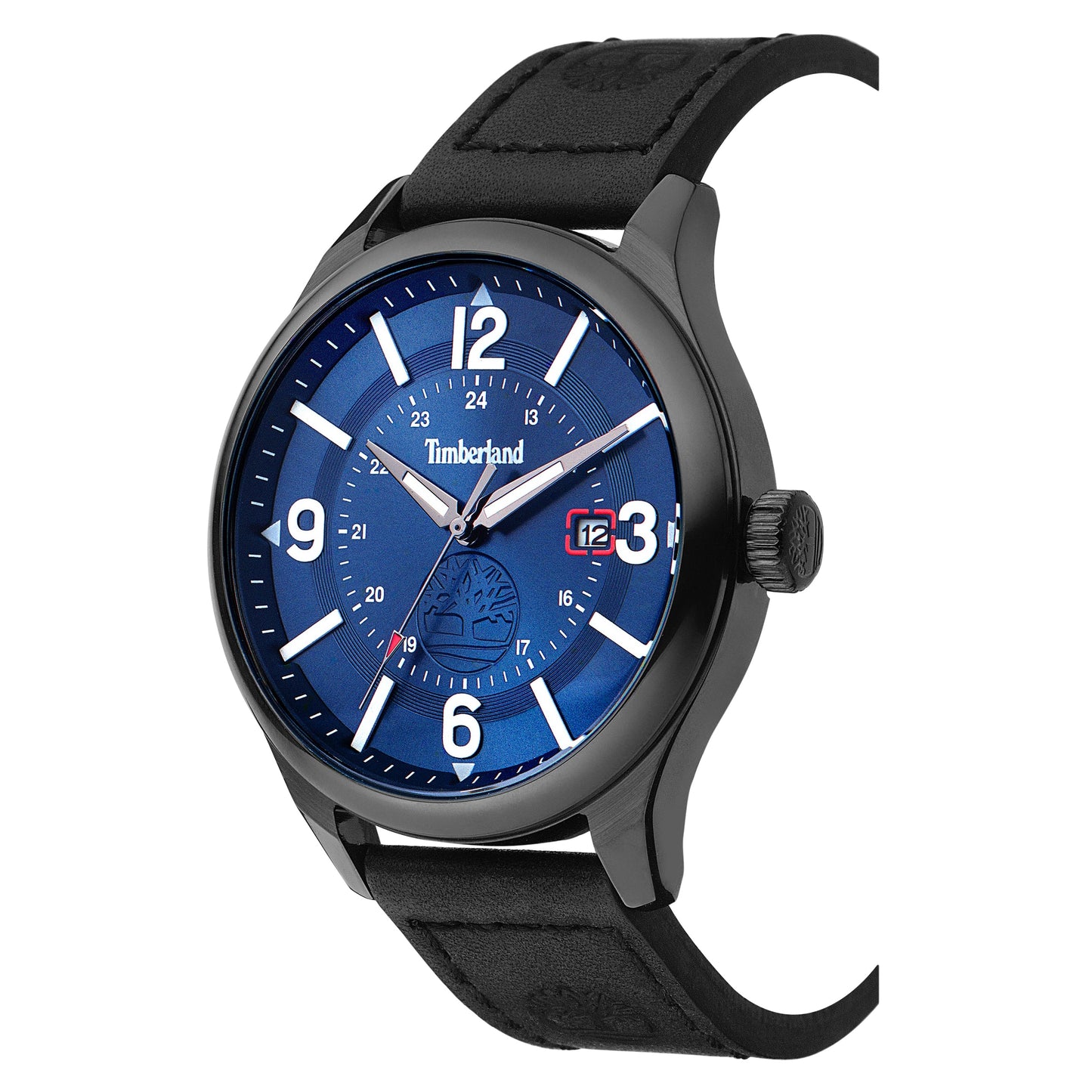 Timberland Blake Blue Date Men's watch with blue dial, white markers, date display, and black leather strap.