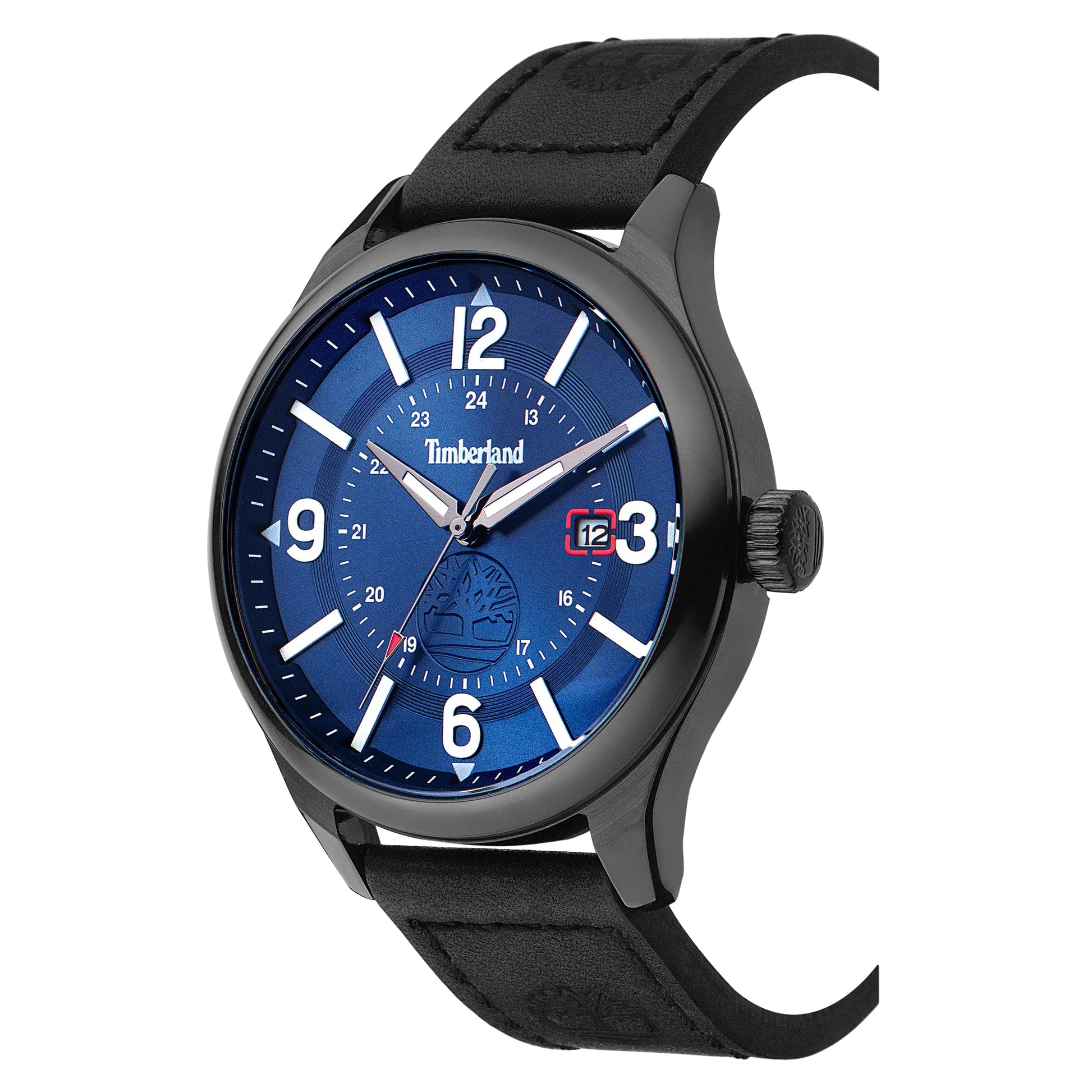 Timberland Blake Blue Date Men's watch with blue dial, white markers, date display, and black leather strap.