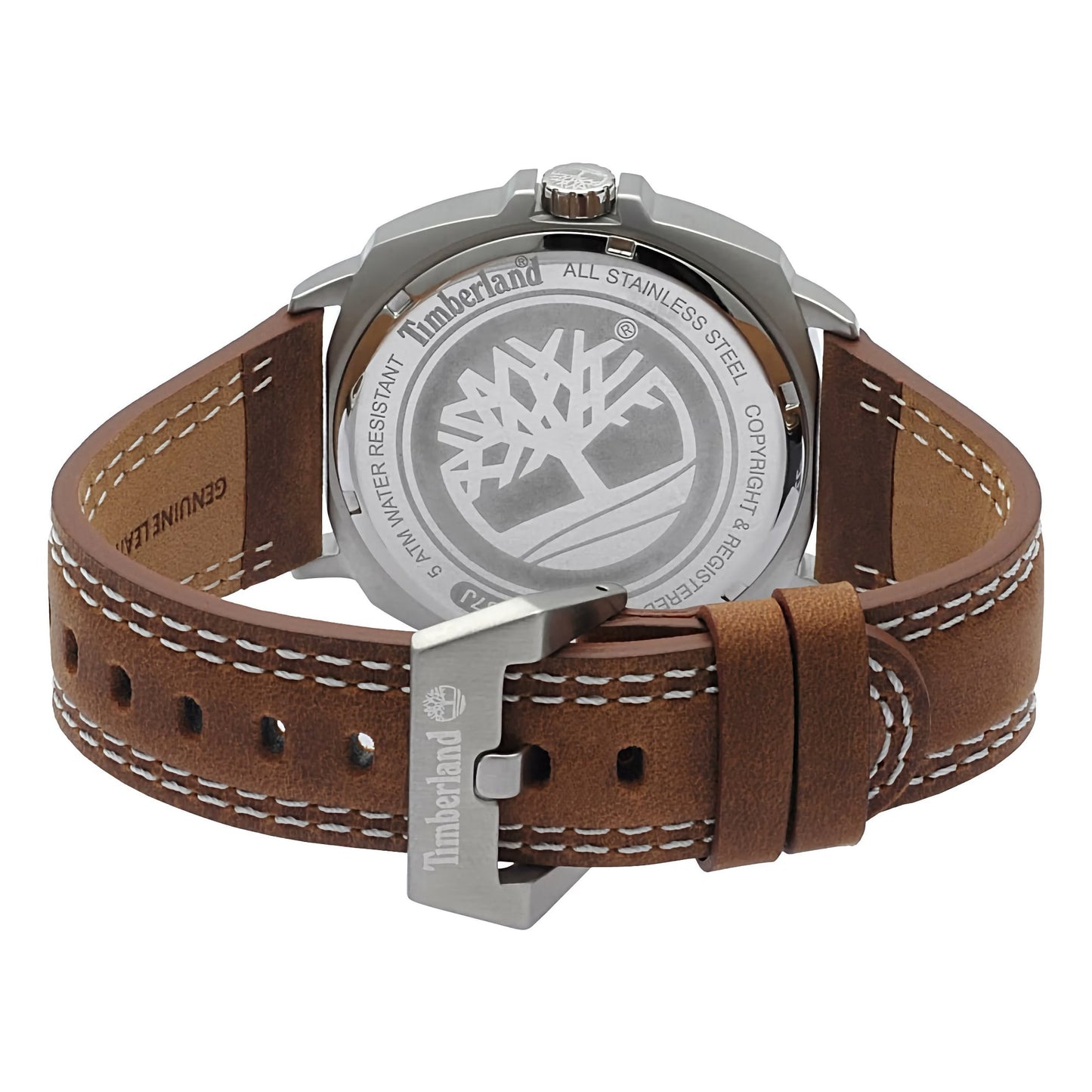 Back of a Timberland Williston watch with a stainless steel case, brown leather strap, and tree logo on the backplate.