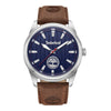 Timberland Northbridge watch with a blue face, brown leather strap—perfect for the urban explorer.