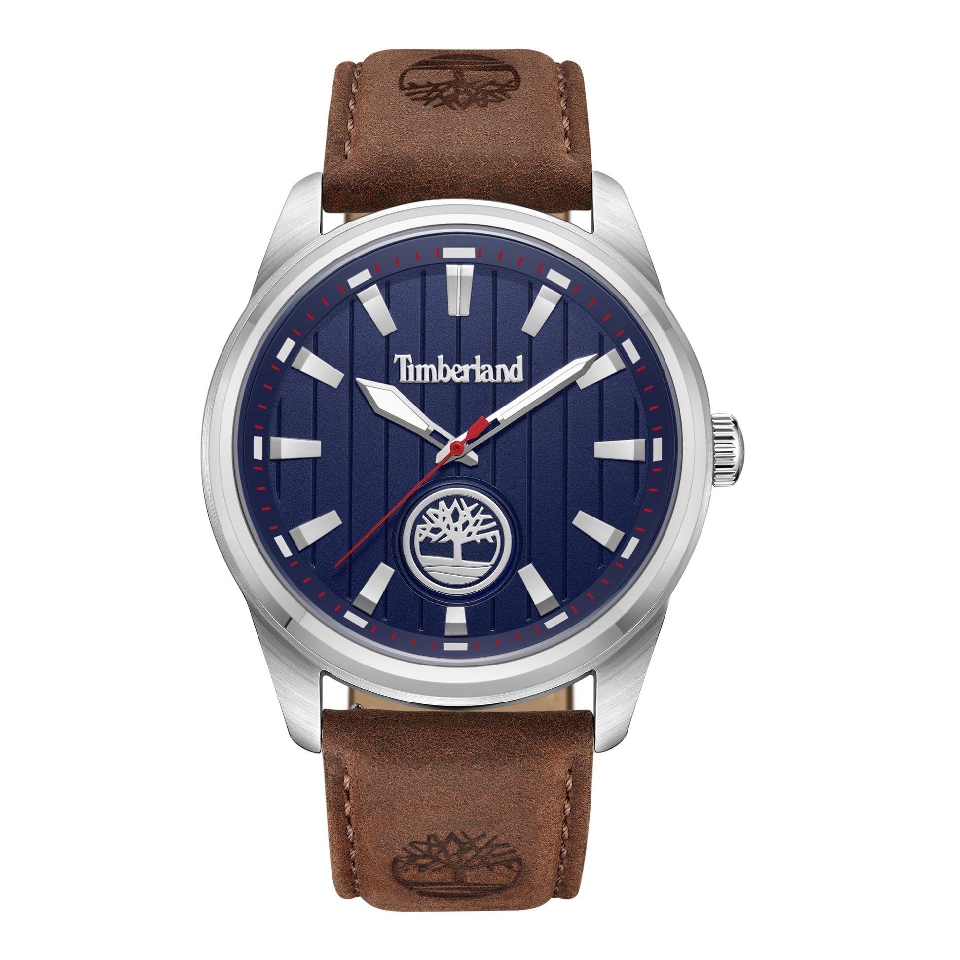 Timberland Northbridge watch with a blue face, brown leather strap—perfect for the urban explorer.