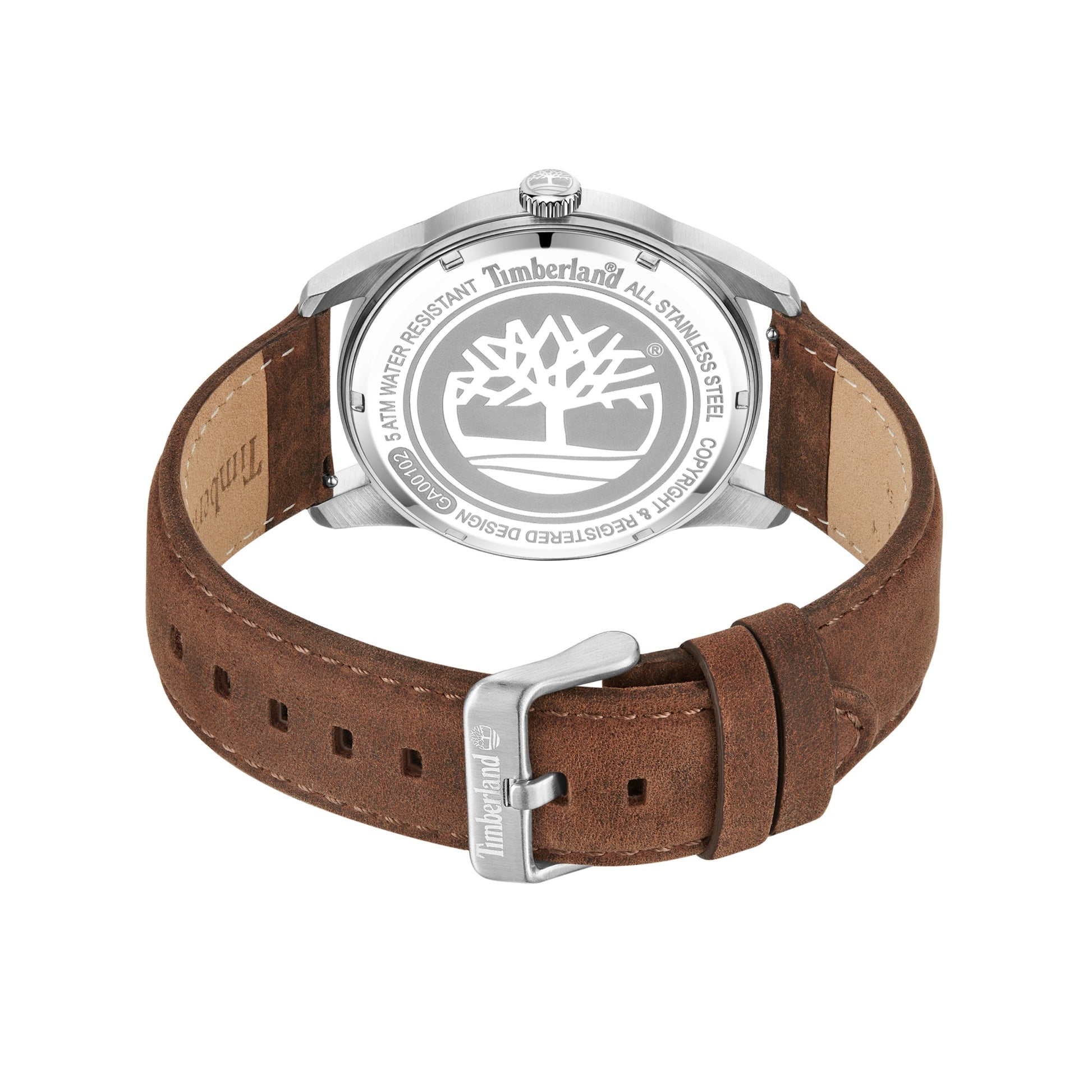 Rear view of Timberland Northbridge Watch, featuring a brown leather strap and tree logo for the urban explorer.