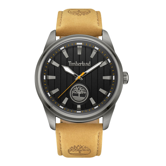 Timberland Northbridge men's watch with black-plated stainless steel case and tan leather strap.