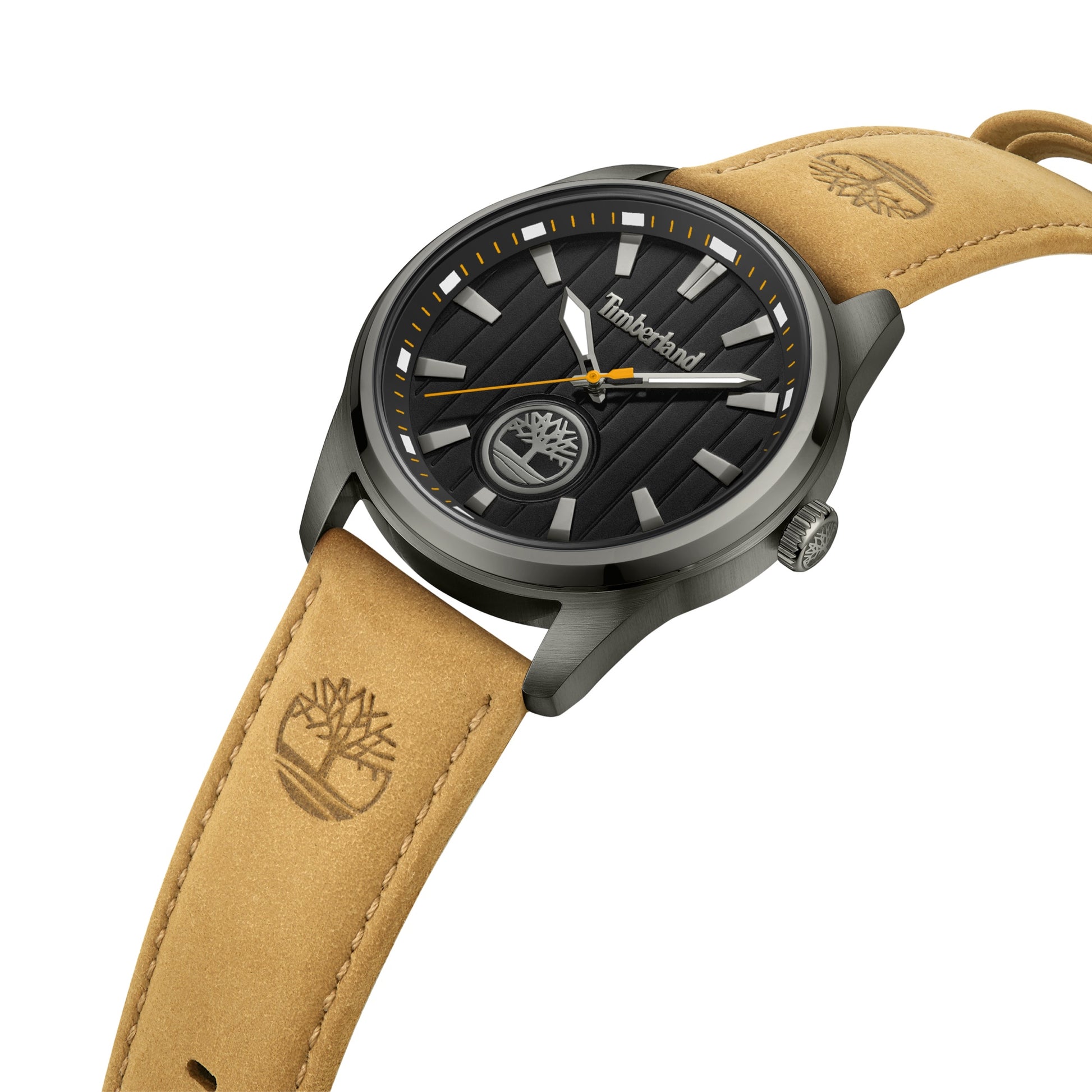 A Timberland Northbridge watch with a black dial, brown leather strap, and engraved tree logo.