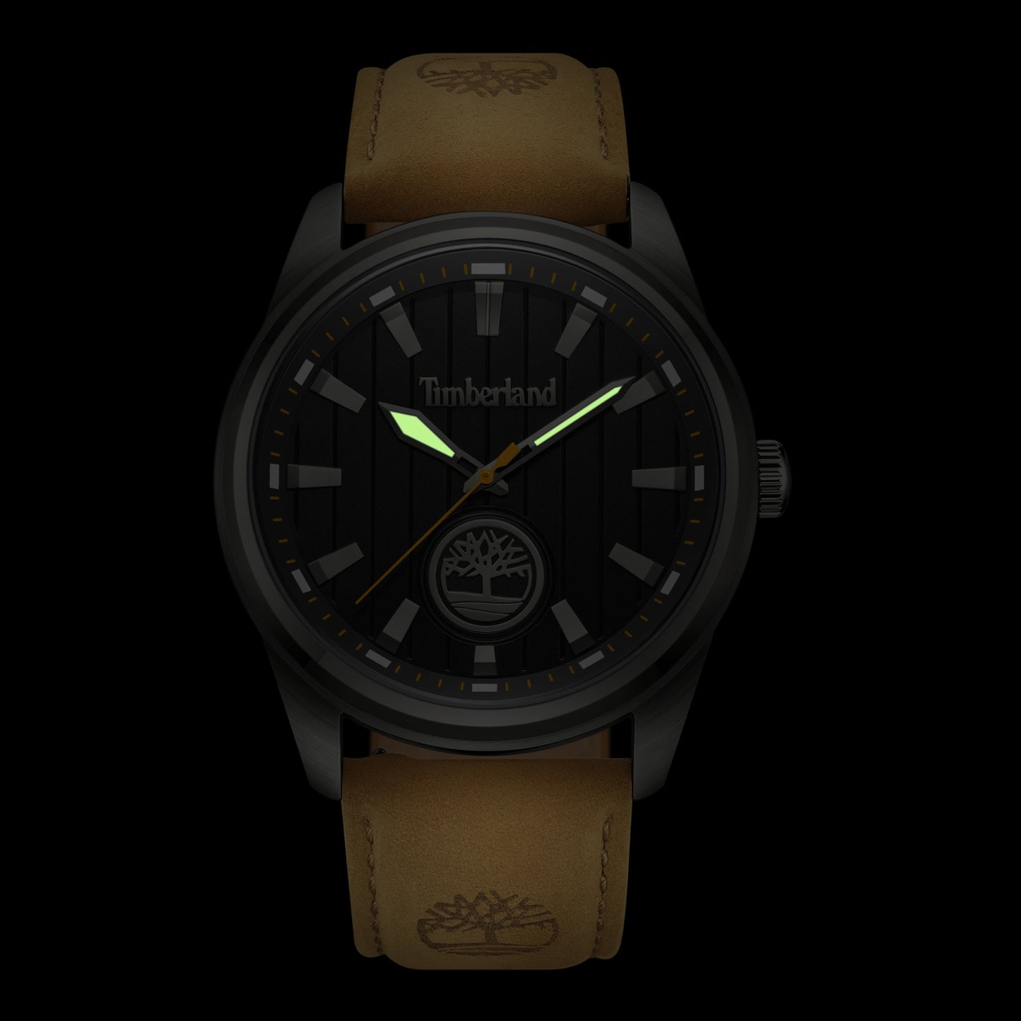 Timberland Northbridge watch with black face, luminous hands, and brown leather strap featuring the Timberland logo.
