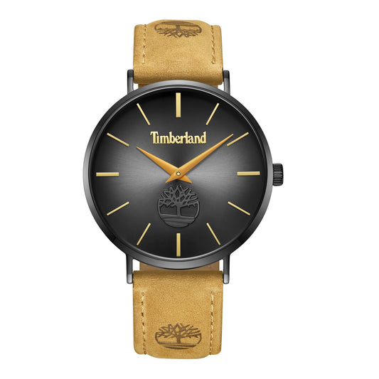 Timberland Rangeley Black-Plated Stainless Steel Watch with gold markers, brand logo, and waterproof leather strap.