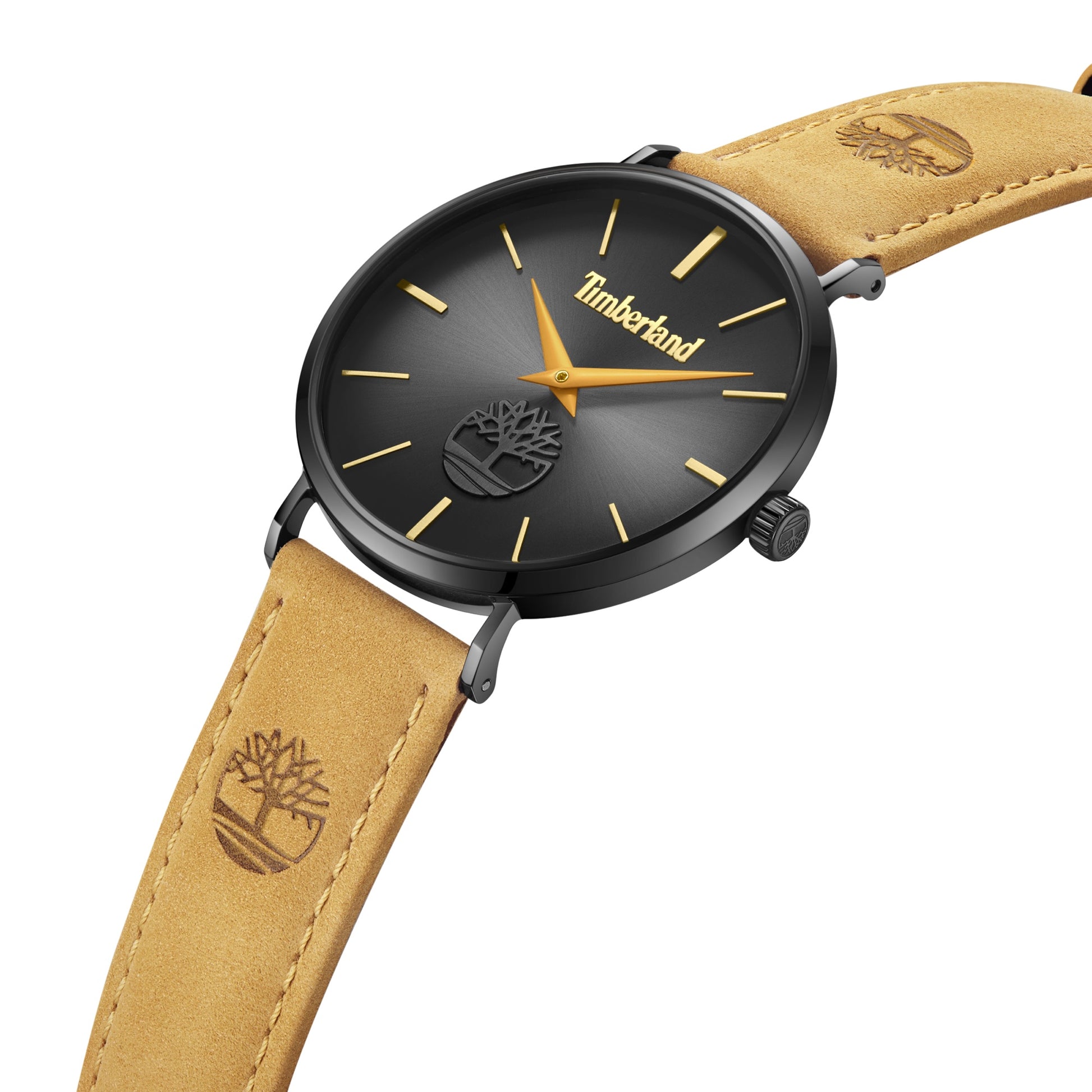 Timberland Rangeley black watch with gold hands on a tan leather strap, featuring a tree-embossed design.
