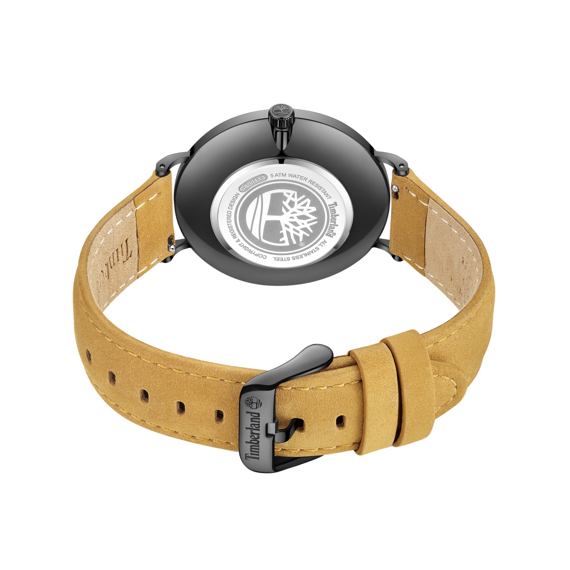Back view of Timberland Rangeley with black-plated stainless steel case and tan leather strap showcasing the logo.