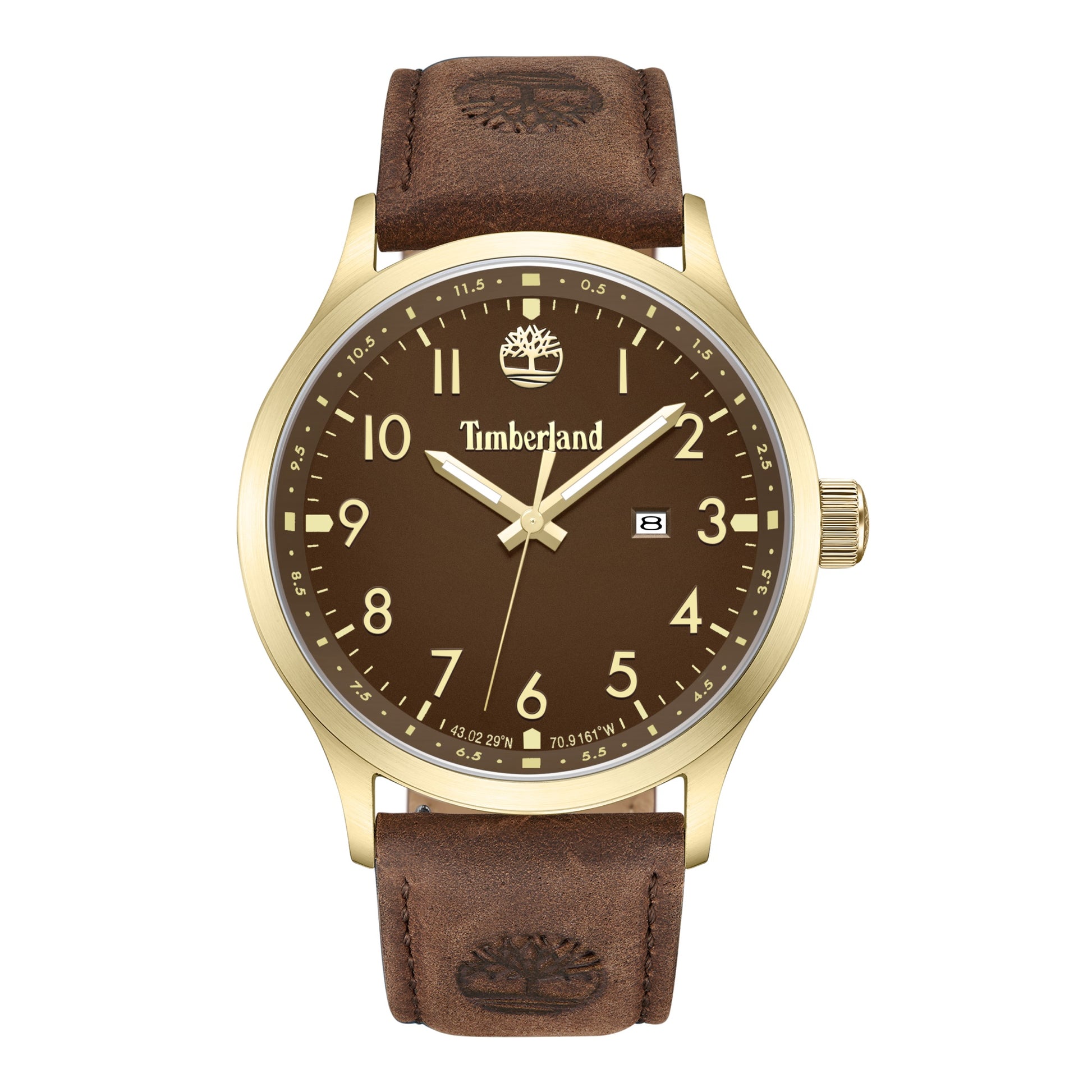 Timberland Trumbull watch with a brown face, gold-tone stainless steel case, and waterproof padded leather strap.