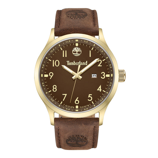 Timberland Trumbull watch with a brown face, gold-tone stainless steel case, and waterproof padded leather strap.