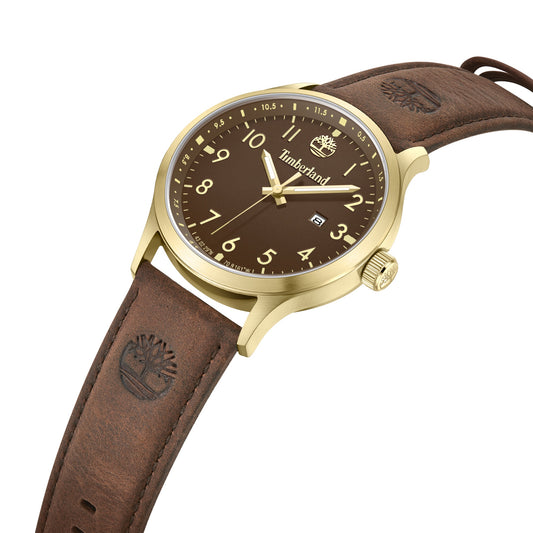 Timberland Trumbull watch: gold bezel, brown analog face, waterproof leather strap, embossed Timberland logo.