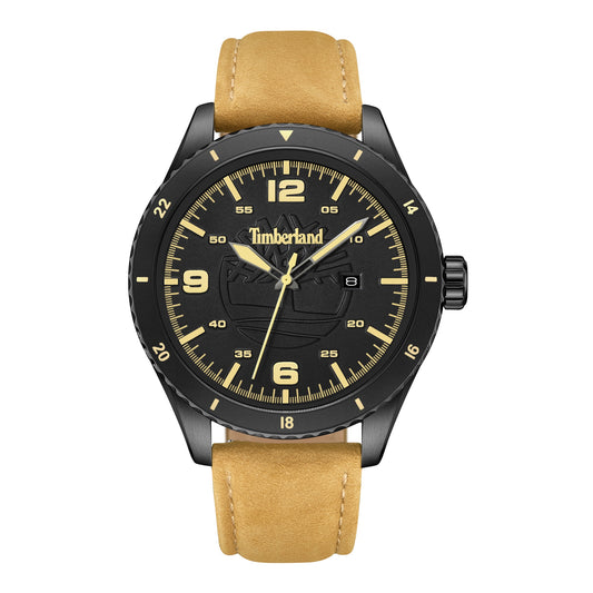A Timberland Ashmont watch with a black-gold face and brown leather strap shows 10:09.