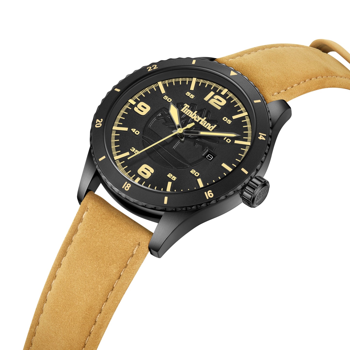 A Timberland Ashmont watch with a yellow-brown leather strap and yellow numerals.