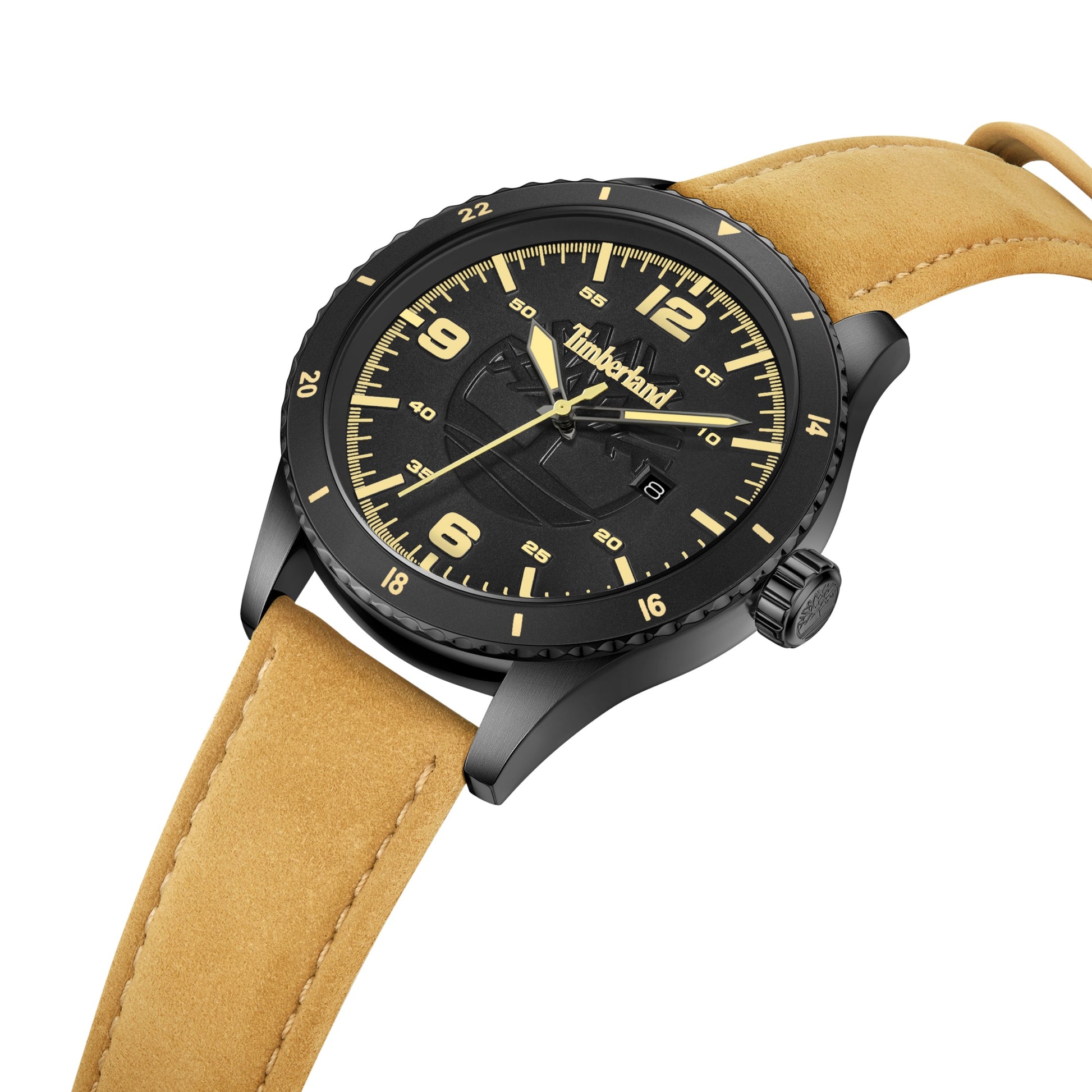 A Timberland Ashmont watch with a yellow-brown leather strap and yellow numerals.