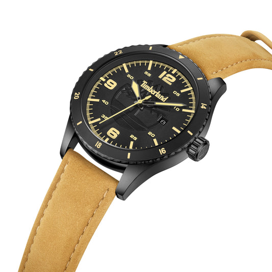 A Timberland Ashmont watch with a yellow-brown leather strap and yellow numerals.